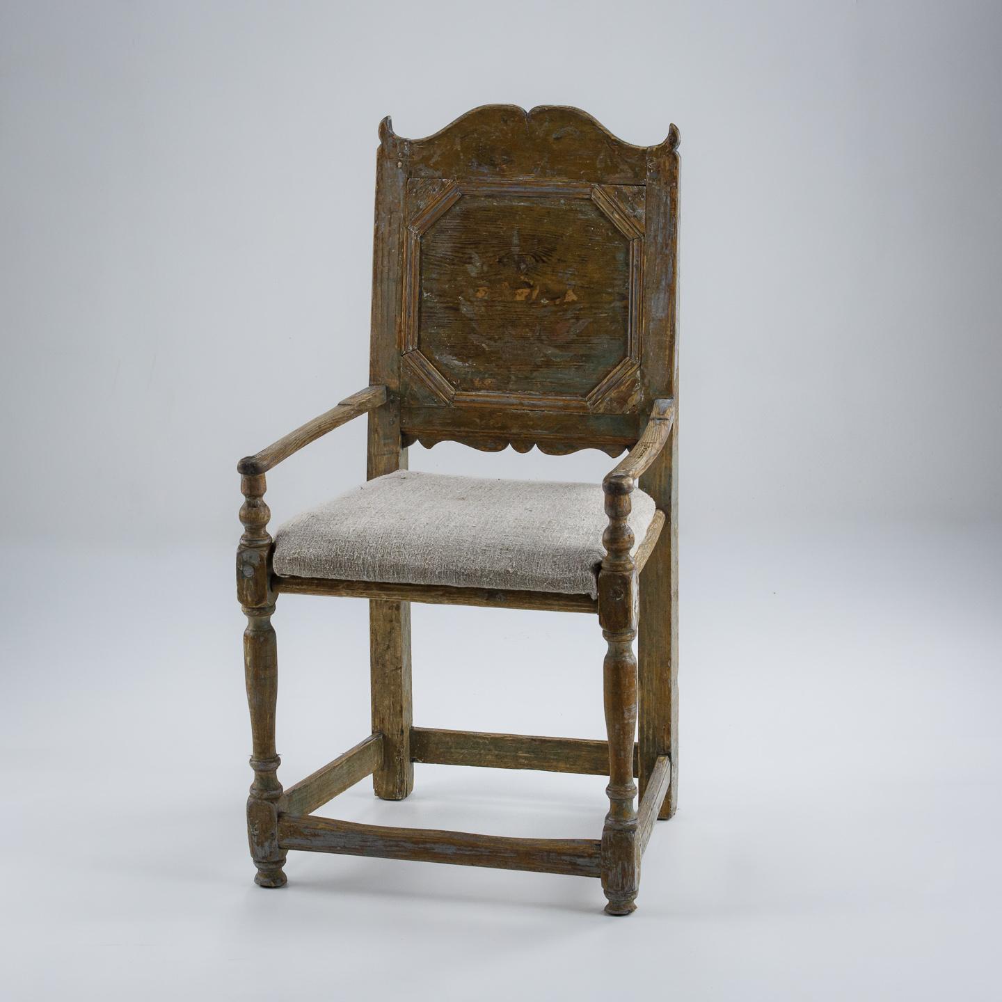 Provincial Armchair in original, worn blue painted finish. Sweden Circa 1800. Seat Height 47cm.