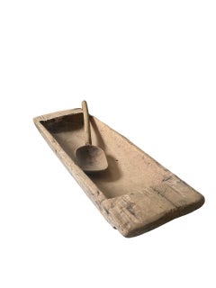 Large 18th Century Swedish Wabi-Sabi Hand-Carved Dough Bowl with Spoon