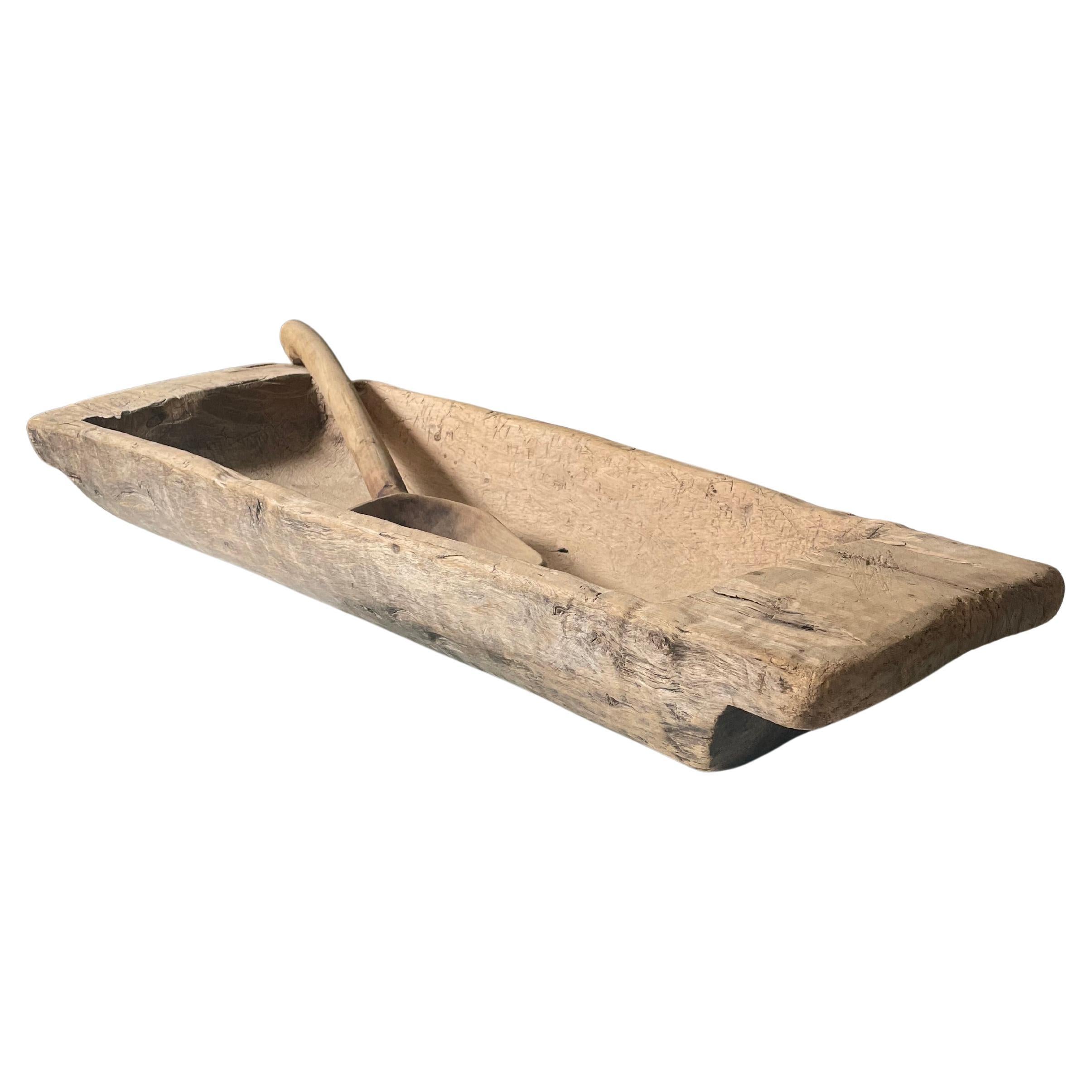 18th Century Swedish Wabi-Sabi Hand-Carved Dough Bowl with Spoon
