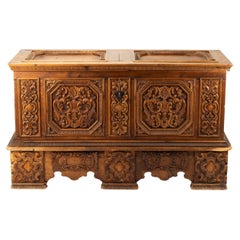 18th Century Swiss Hand Carved Pine Dowry Chest Trunk