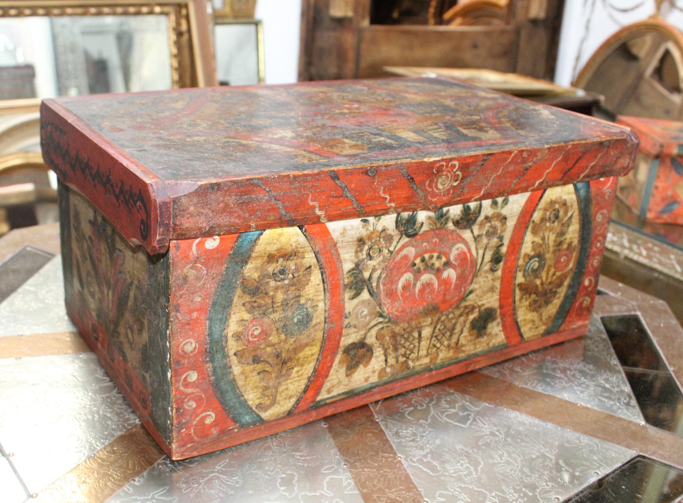 Hand-Painted 18th Century Swiss Hand Painted Wooden Box with Vegetable Motifs