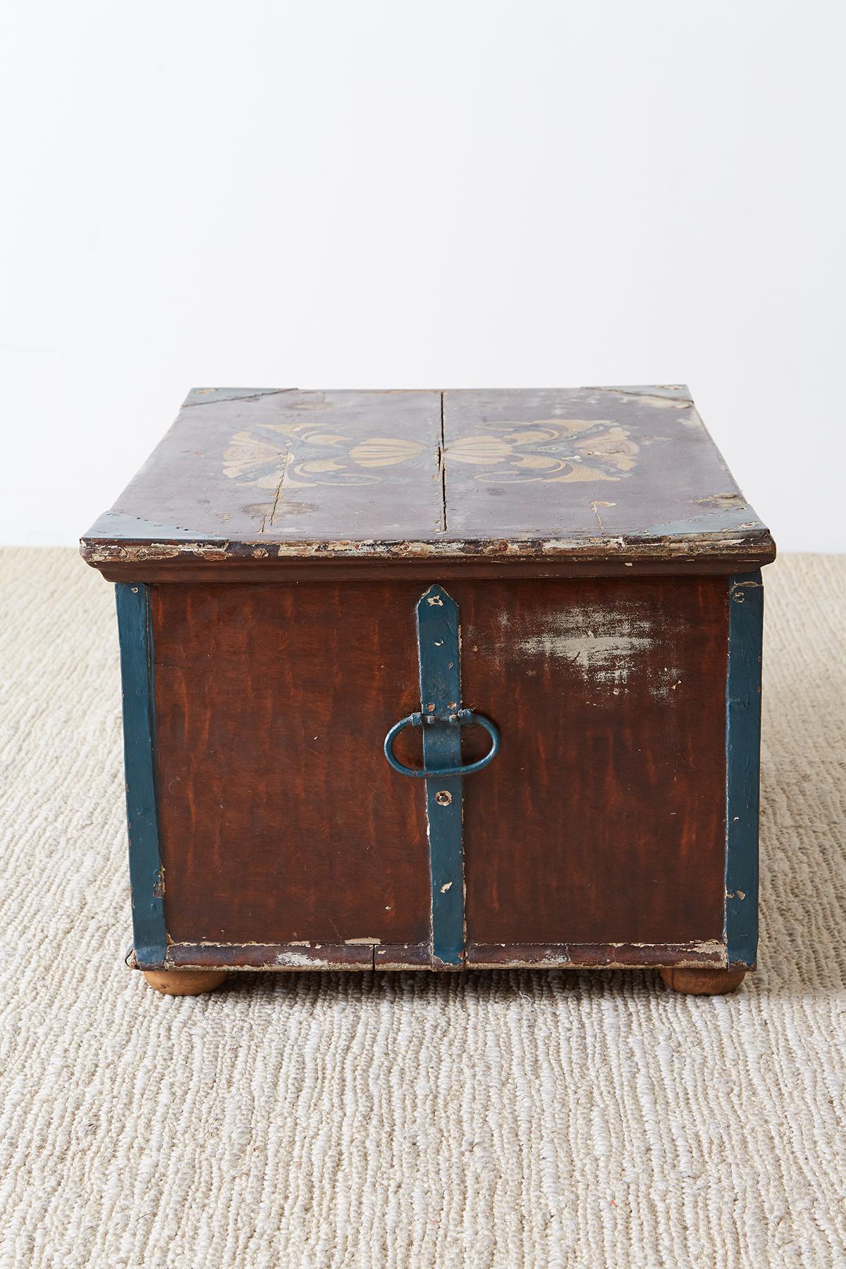 Wood 18th Century Swiss Polychrome Decorated Blanket Chest Trunk For Sale