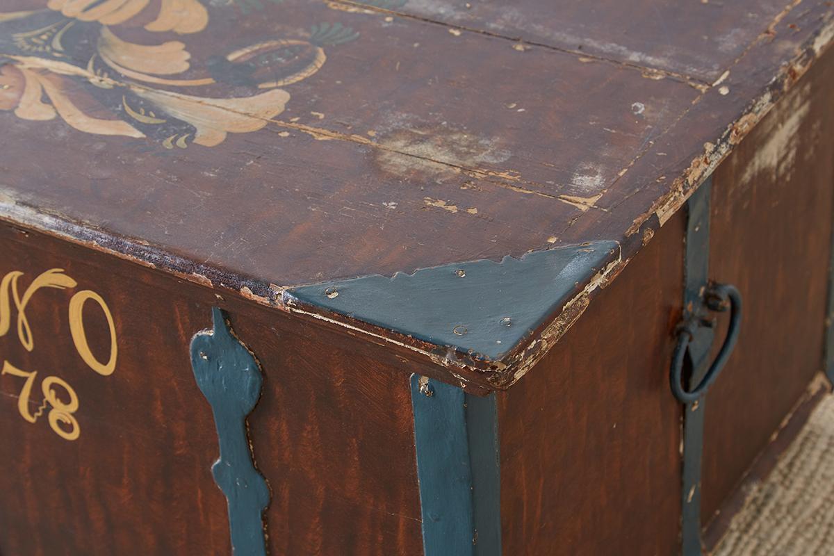 Painted 18th Century Swiss Polychrome Decorated Blanket Chest Trunk For Sale