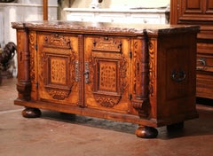 18th Century Swiss Renaissance Carved Walnut Marquetry Buffet with Marble Top