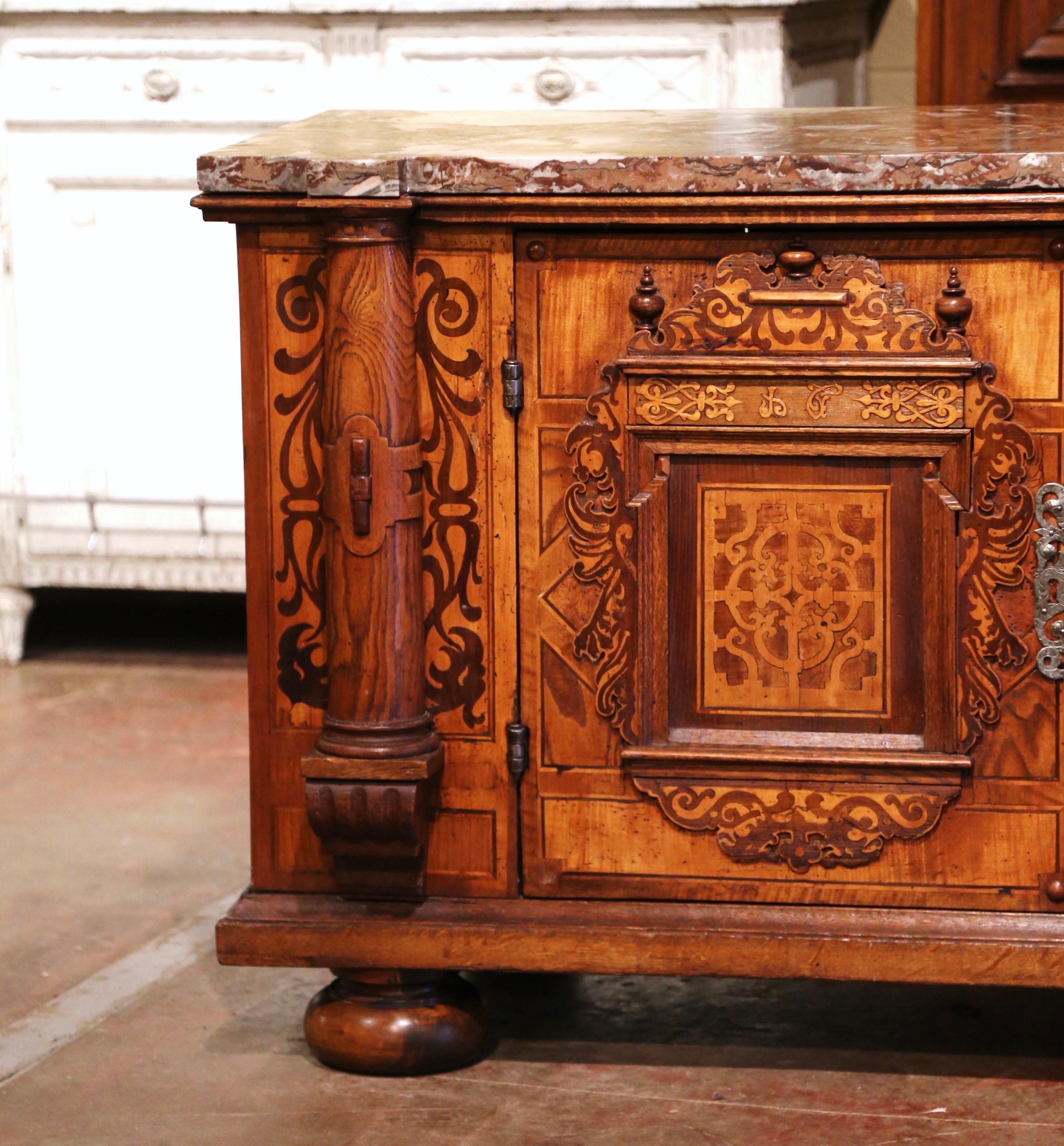 Forged 18th Century Swiss Renaissance Carved Walnut Marquetry Buffet with Marble Top