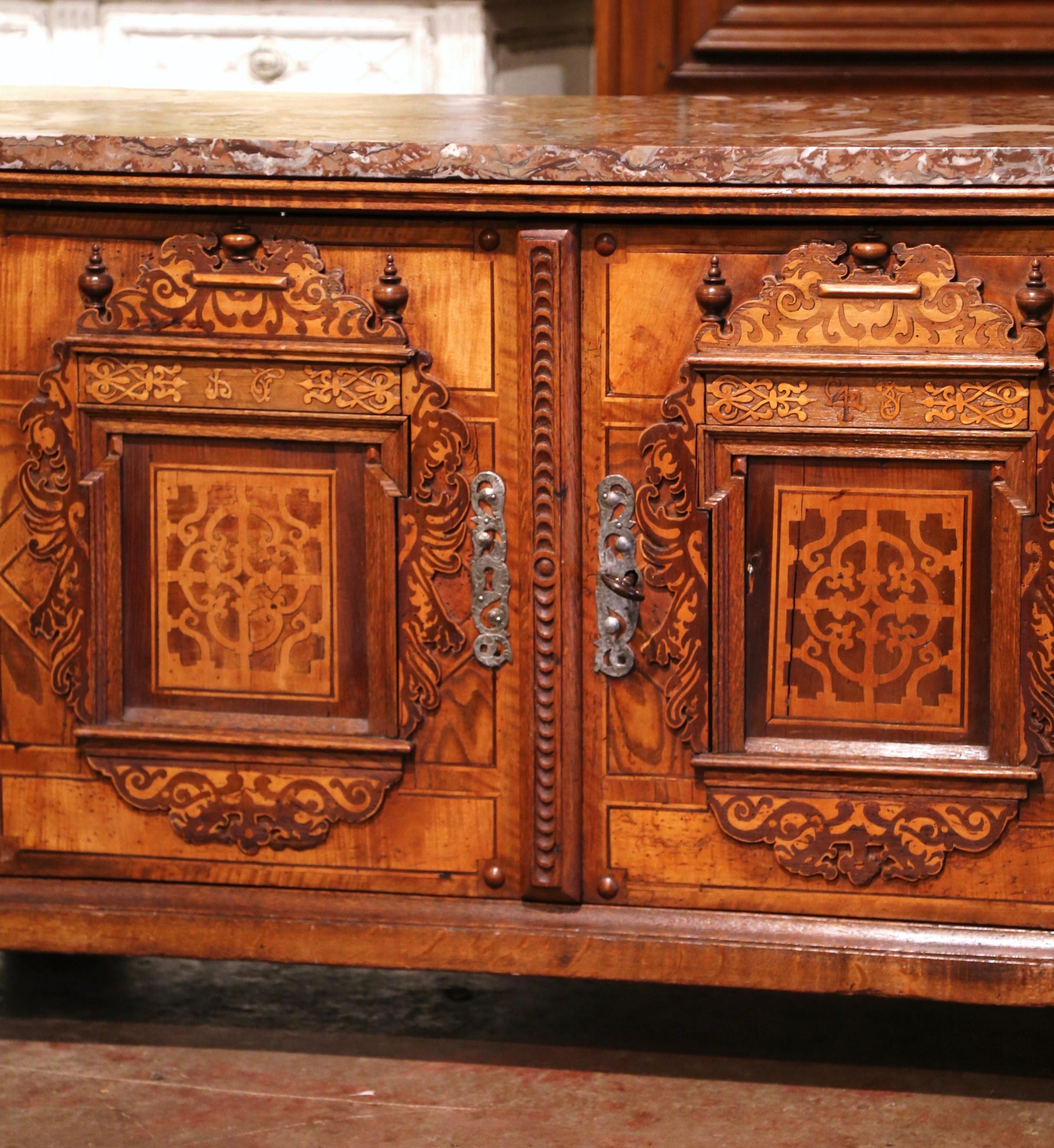 18th Century Swiss Renaissance Carved Walnut Marquetry Buffet with Marble Top In Excellent Condition In Dallas, TX