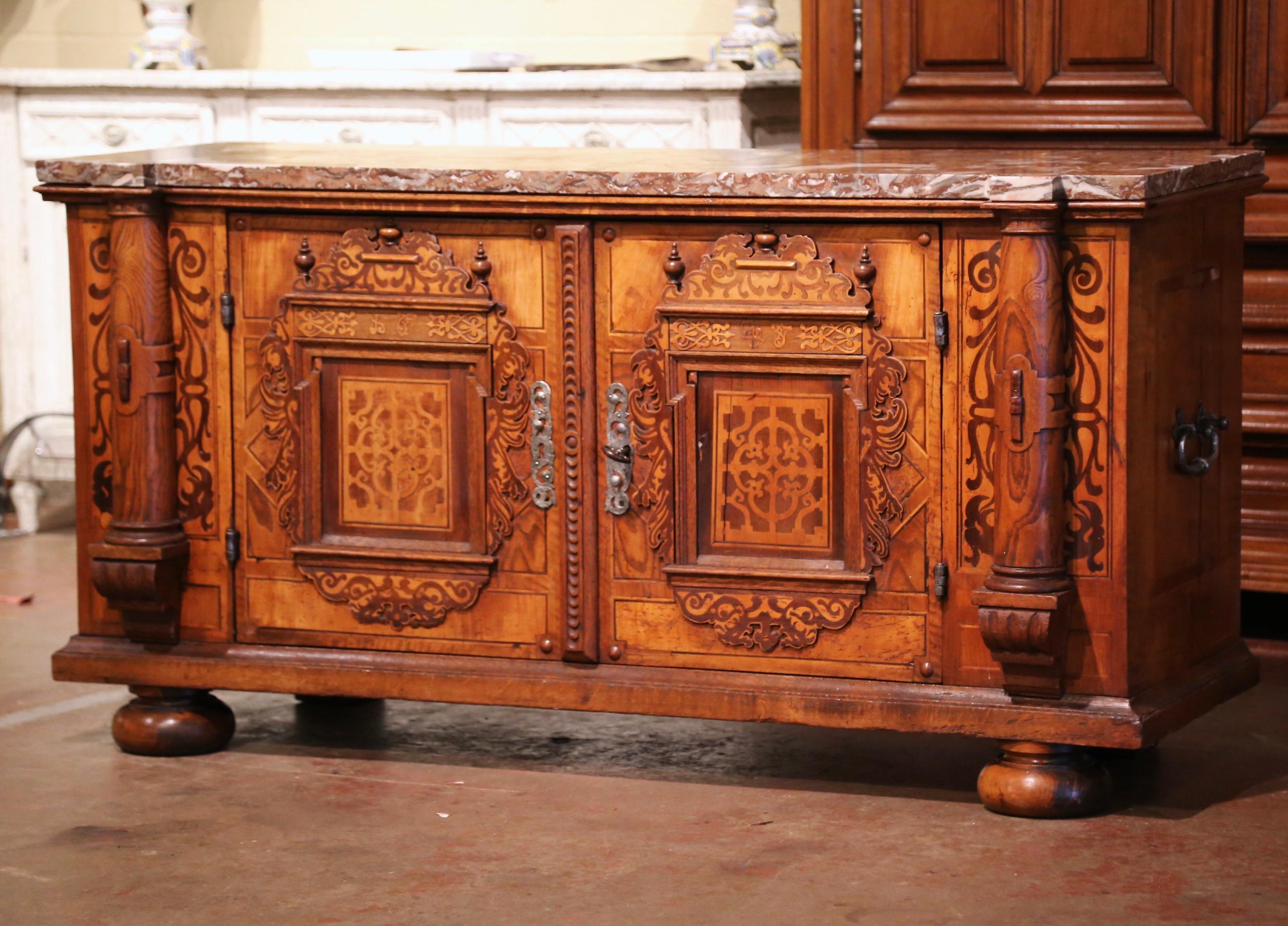 Wrought Iron 18th Century Swiss Renaissance Carved Walnut Marquetry Buffet with Marble Top