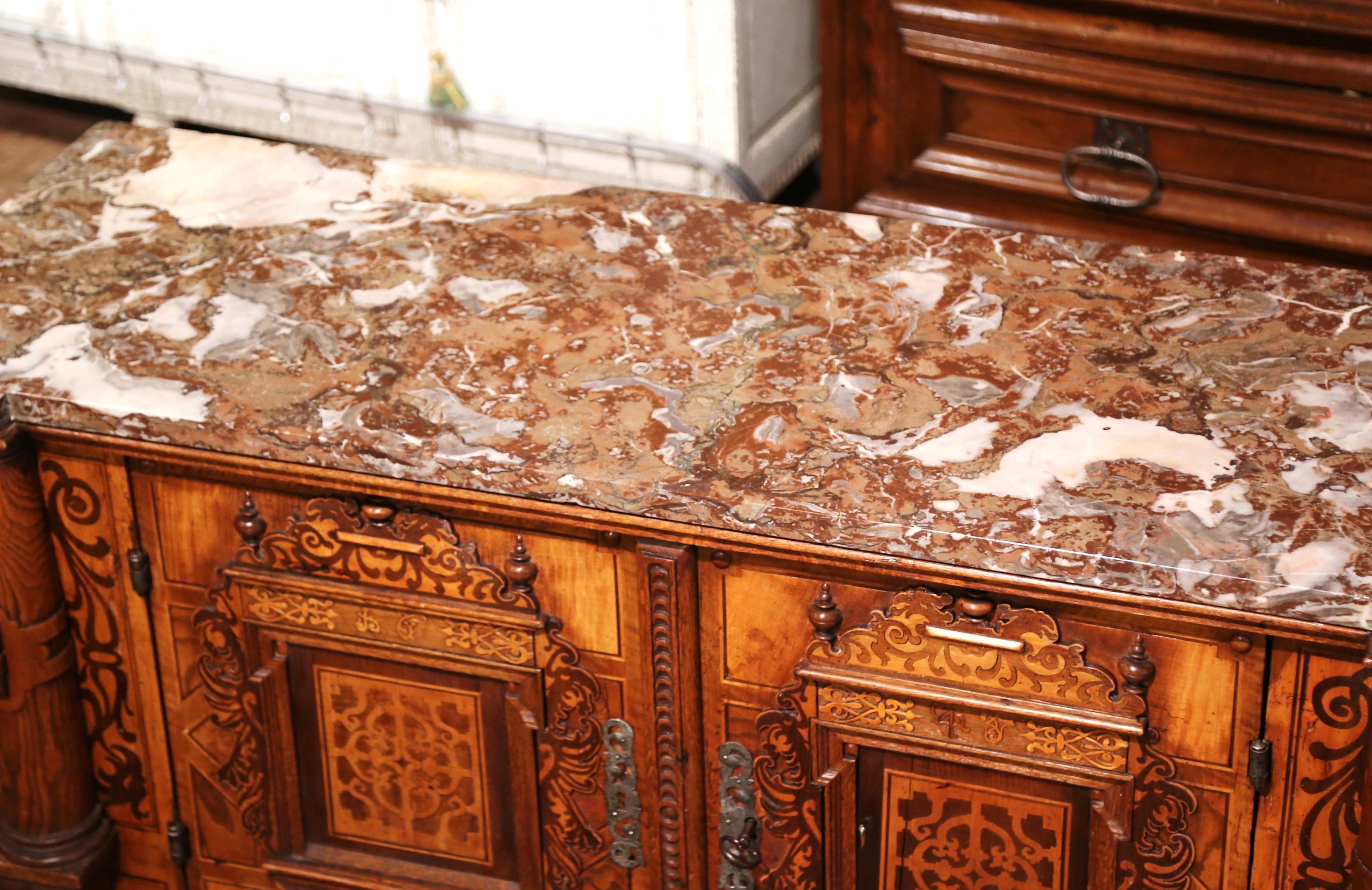 18th Century Swiss Renaissance Carved Walnut Marquetry Buffet with Marble Top 1