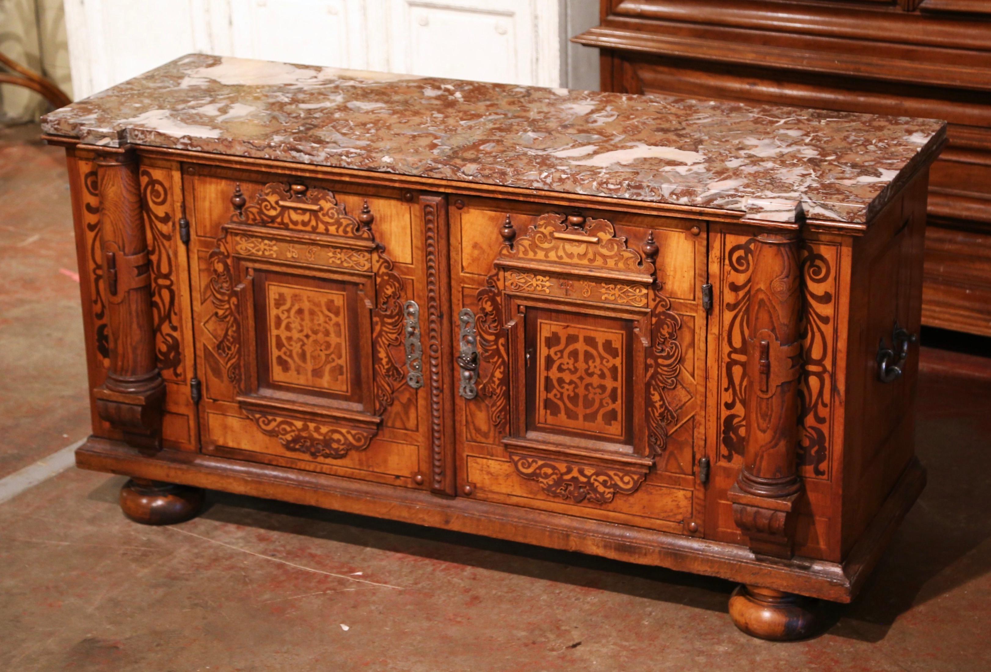 18th Century Swiss Renaissance Carved Walnut Marquetry Buffet with Marble Top 2