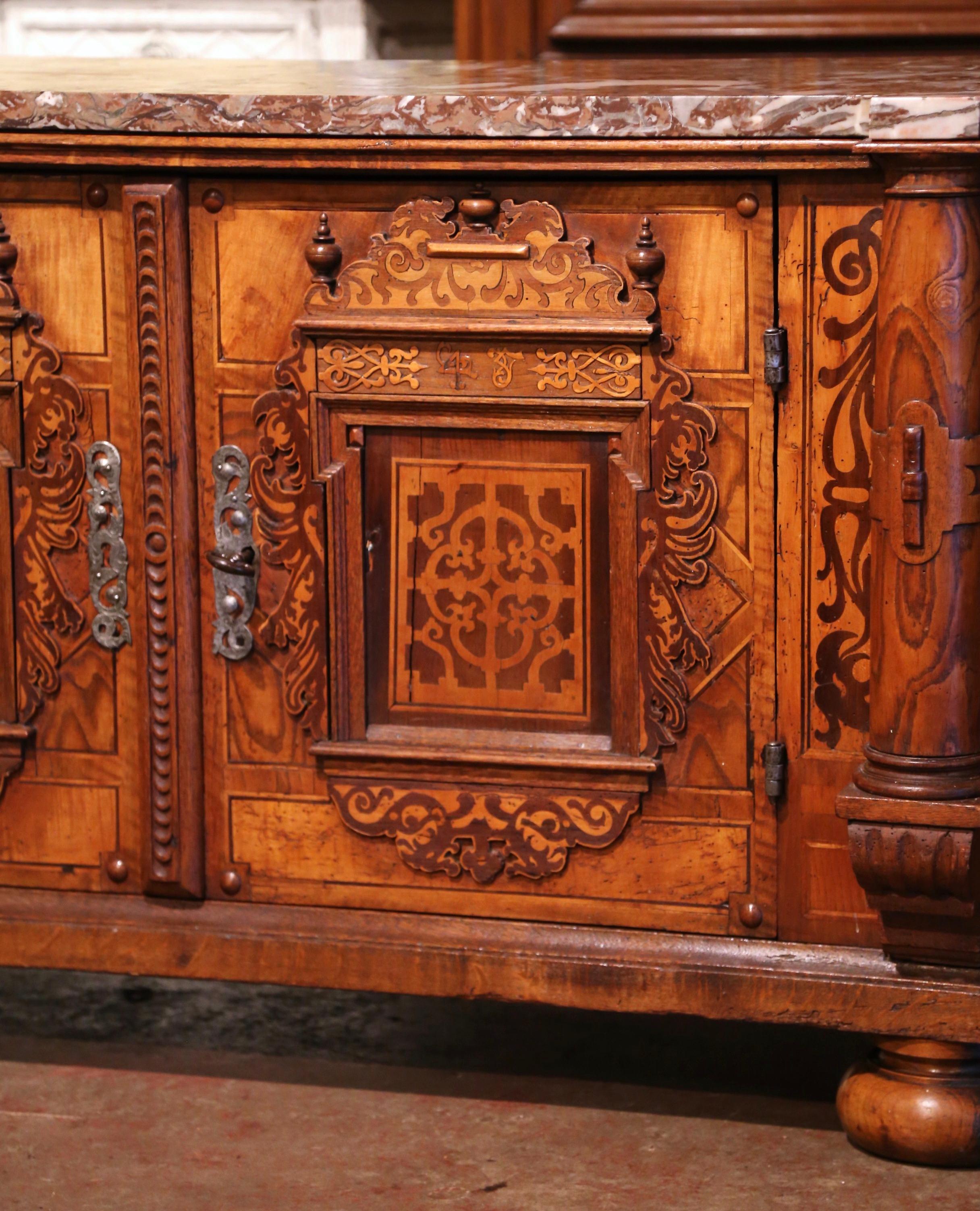 18th Century Swiss Renaissance Carved Walnut Marquetry Buffet with Marble Top 3