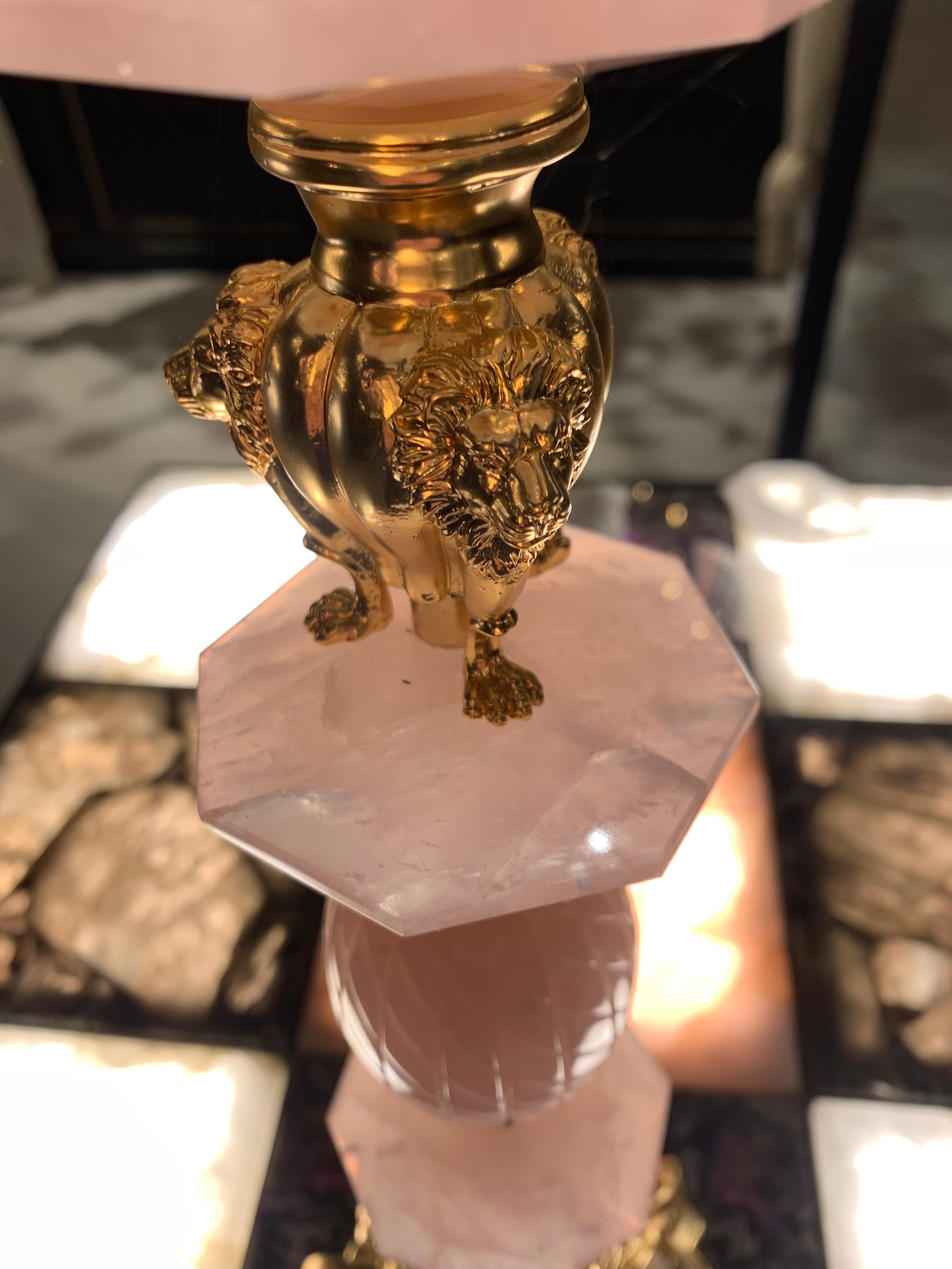 Bronze 18th Century Table Lamp in 18K gilted bronze and pink rock crystal  For Sale