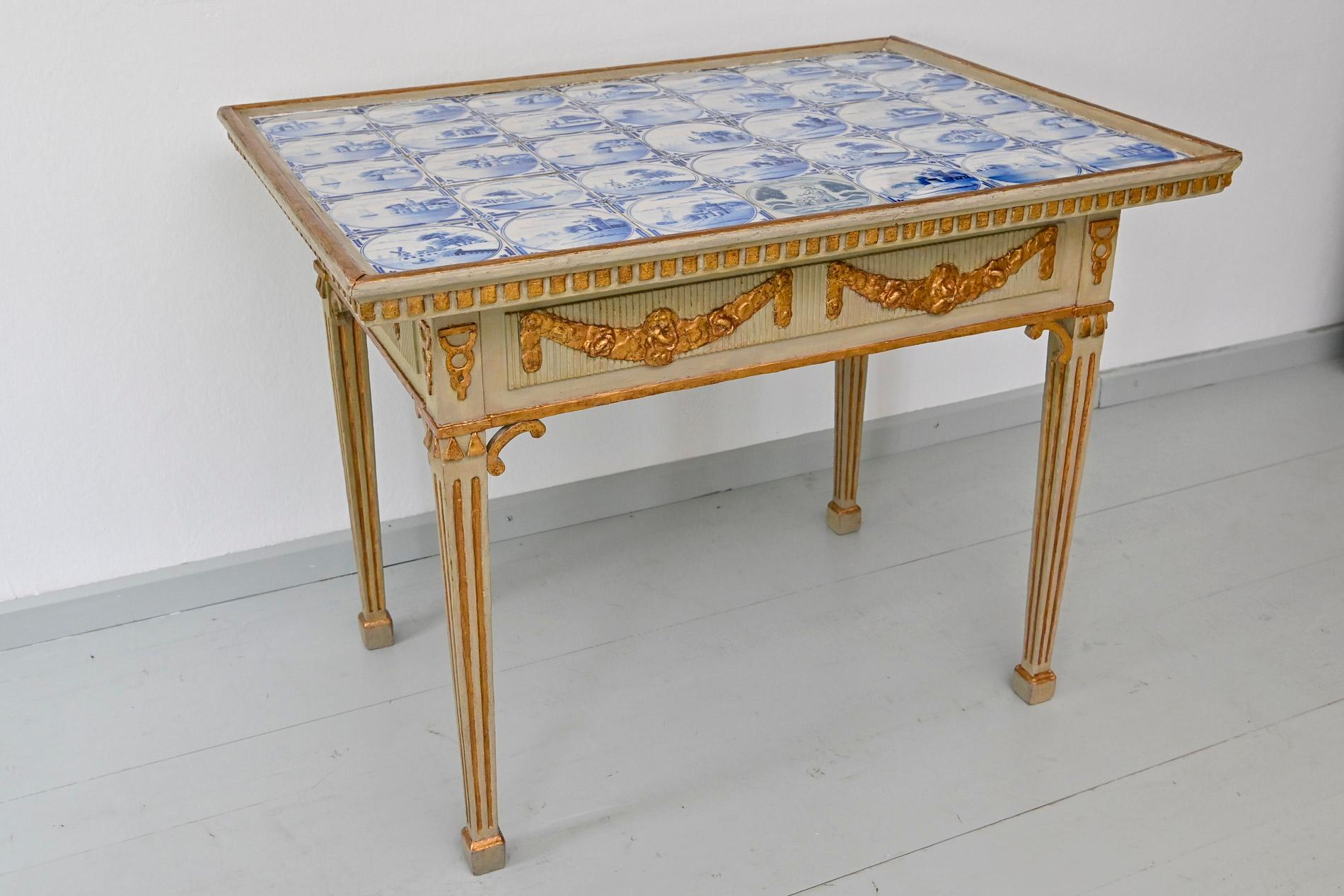18th Century Table with Delft Tiles Schleswig Holstein Gray and Gilding For Sale 1