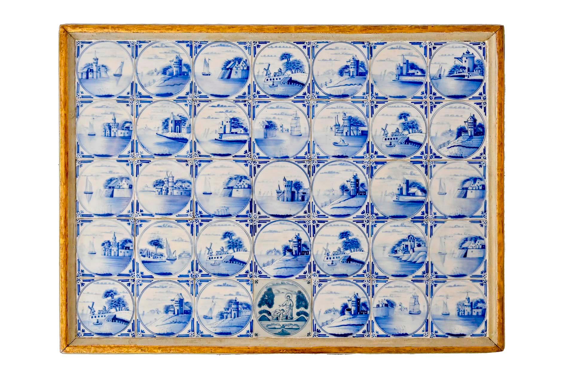 Hand-Carved 18th Century Table with Delft Tiles Schleswig Holstein Gray and Gilding