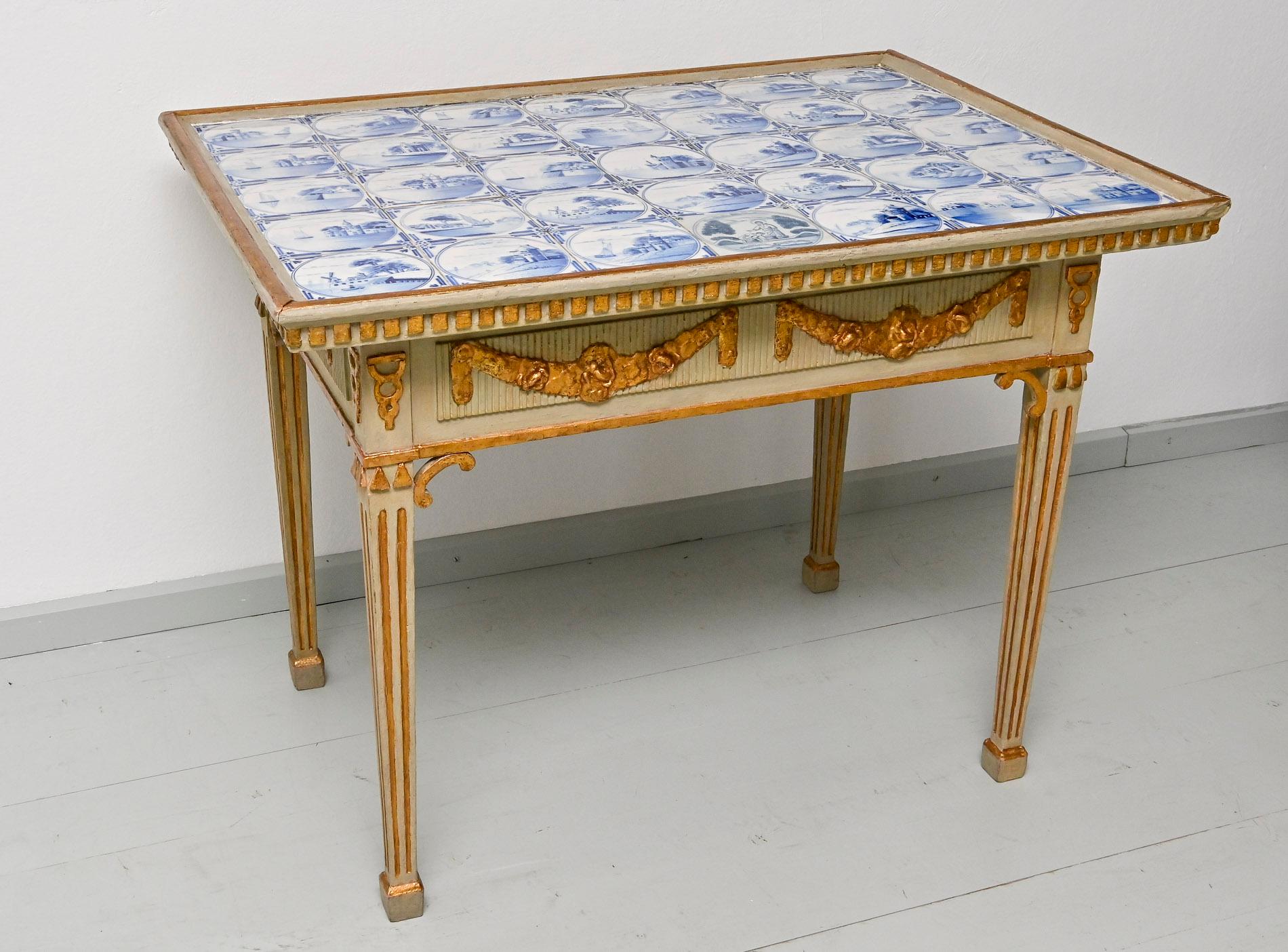 Softwood 18th Century Table with Delft Tiles Schleswig Holstein Gray and Gilding For Sale
