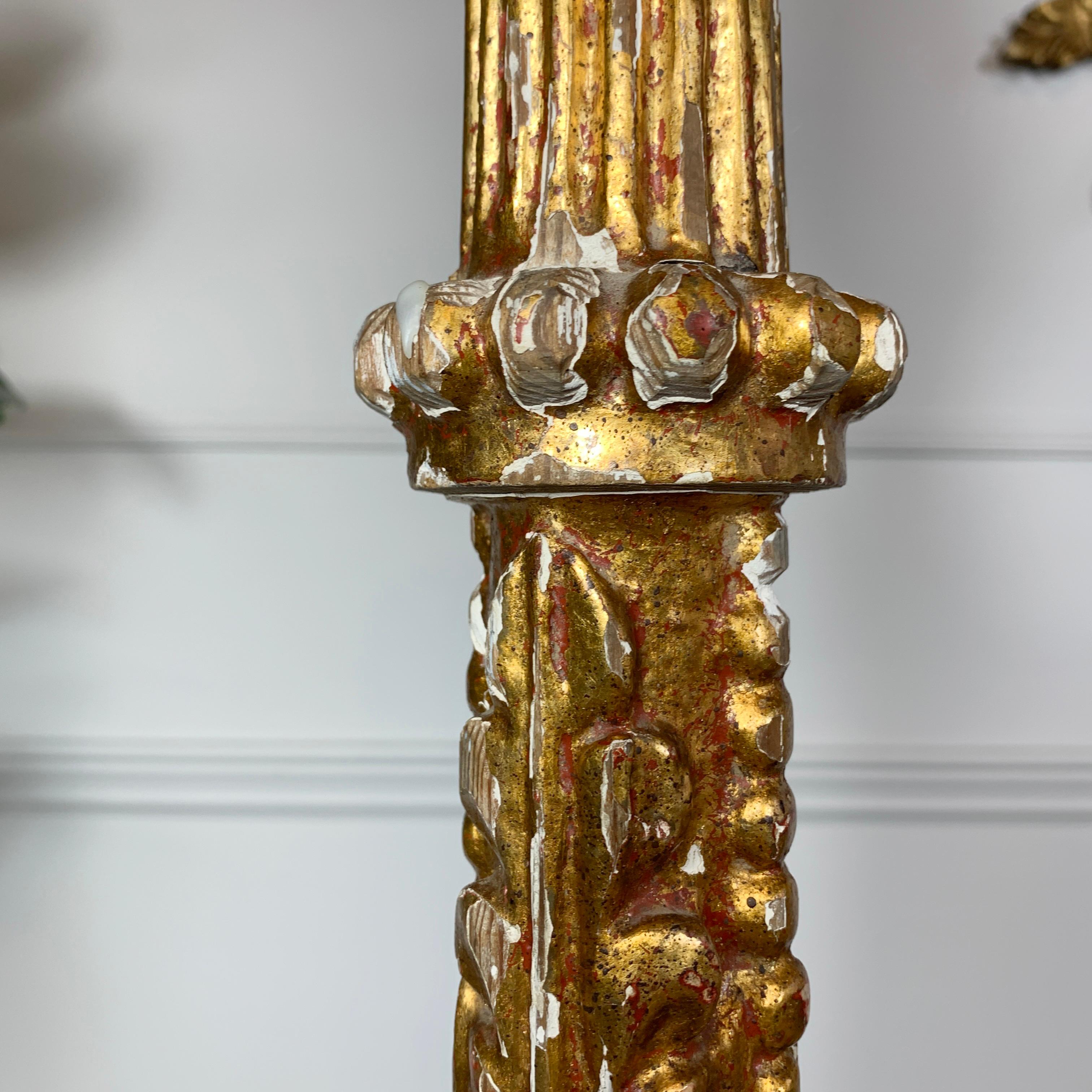 Hand-Carved 18th C Tall Gold Baroque Altar Pricket Candlestick For Sale