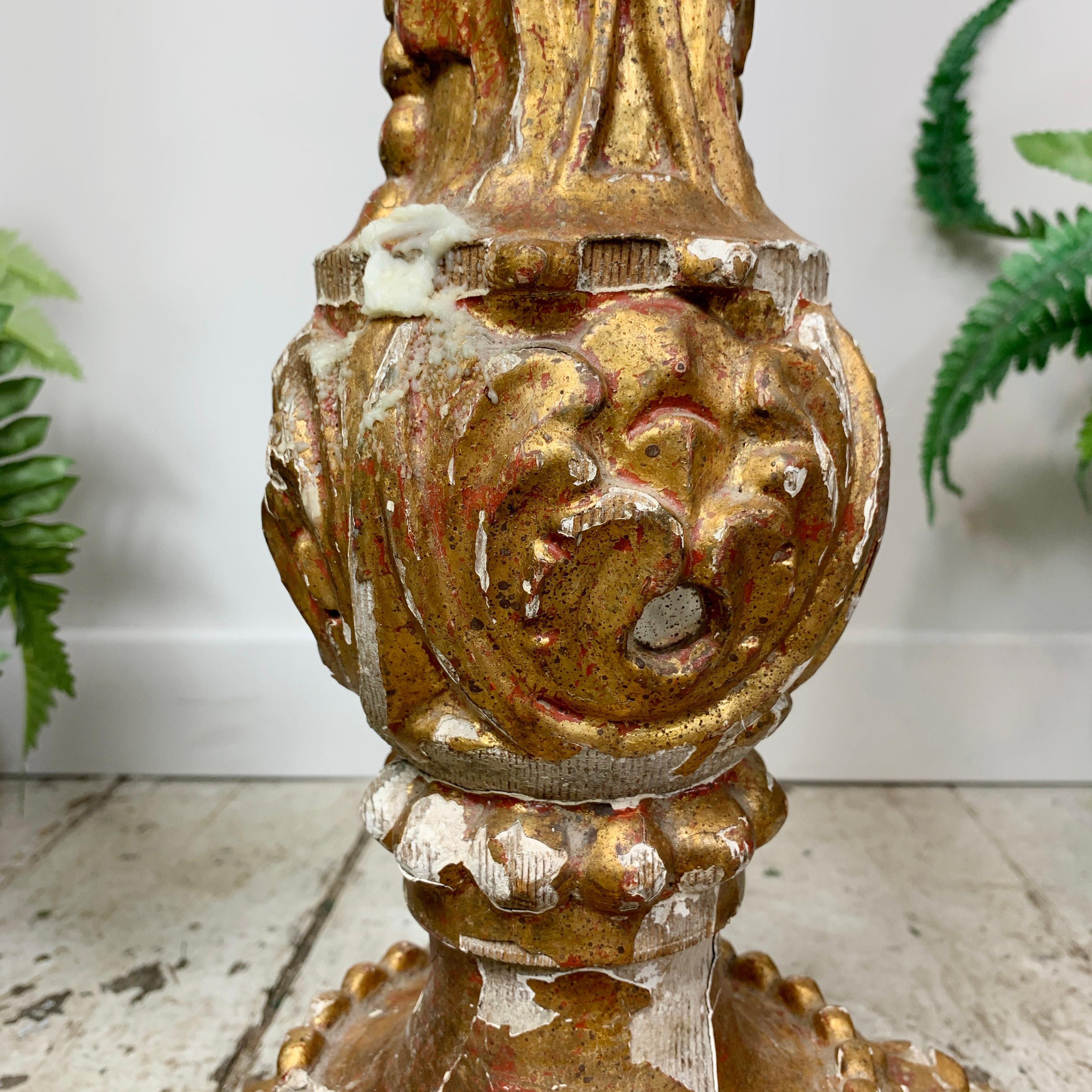 18th C Tall Gold Baroque Altar Pricket Candlestick In Good Condition For Sale In Hastings, GB