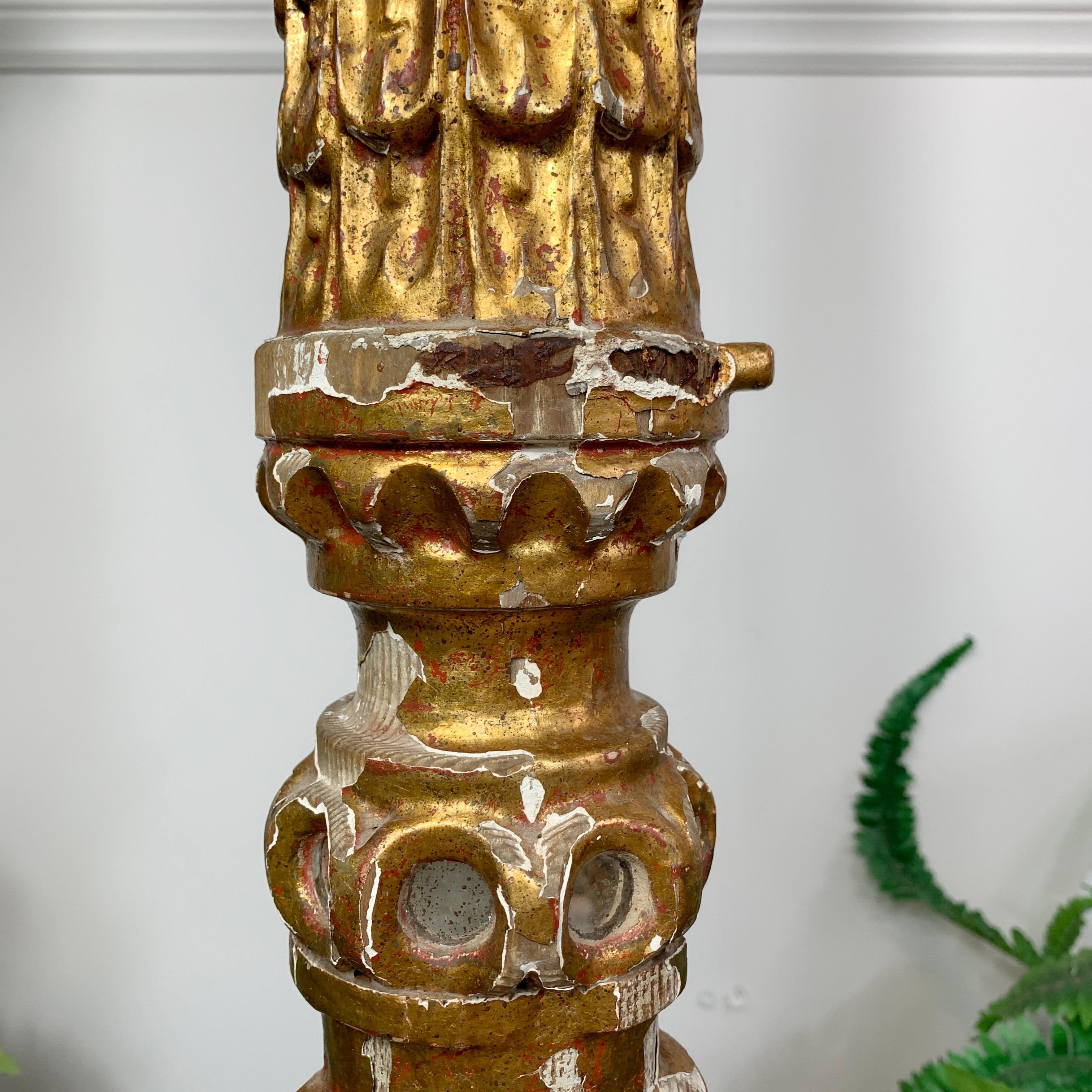 Wood 18th C Tall Gold Baroque Altar Pricket Candlestick For Sale