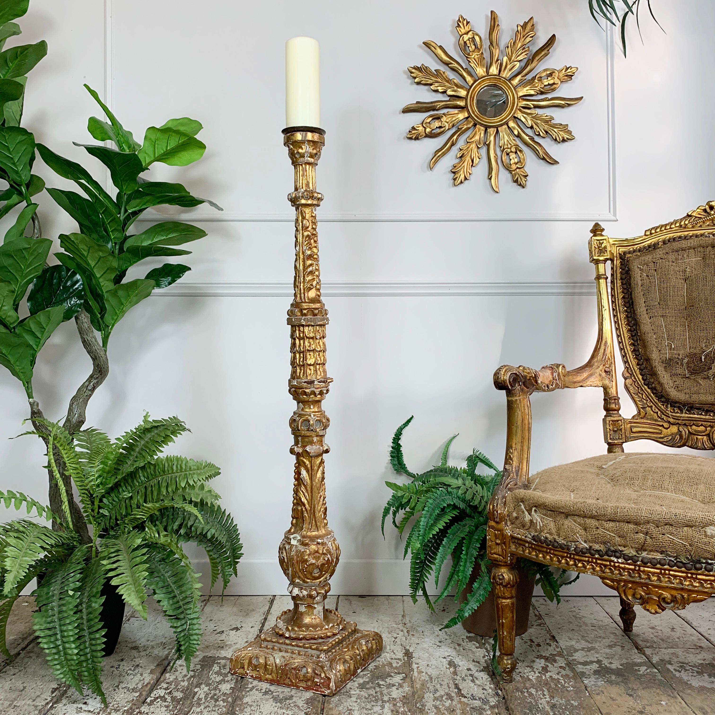18th C Tall Gold Baroque Altar Pricket Candlestick For Sale 1