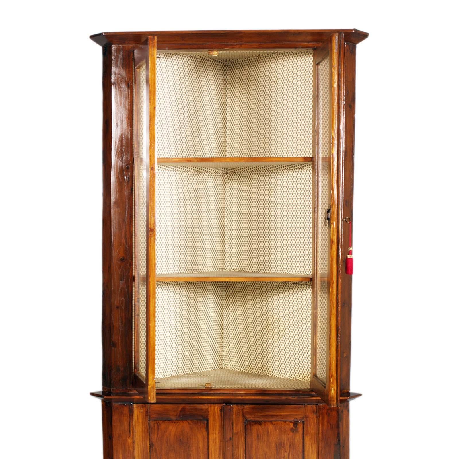 Pine 18th Century Tall Corner credenza with Display Cabinet, Cupboard,  Wax Polished For Sale