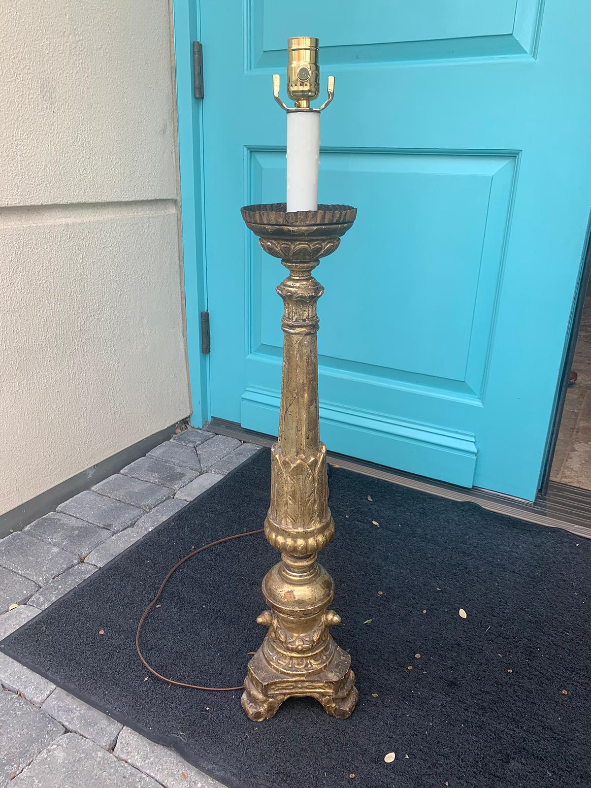 18th century tall Italian giltwood Pricket as lamp
New wiring.