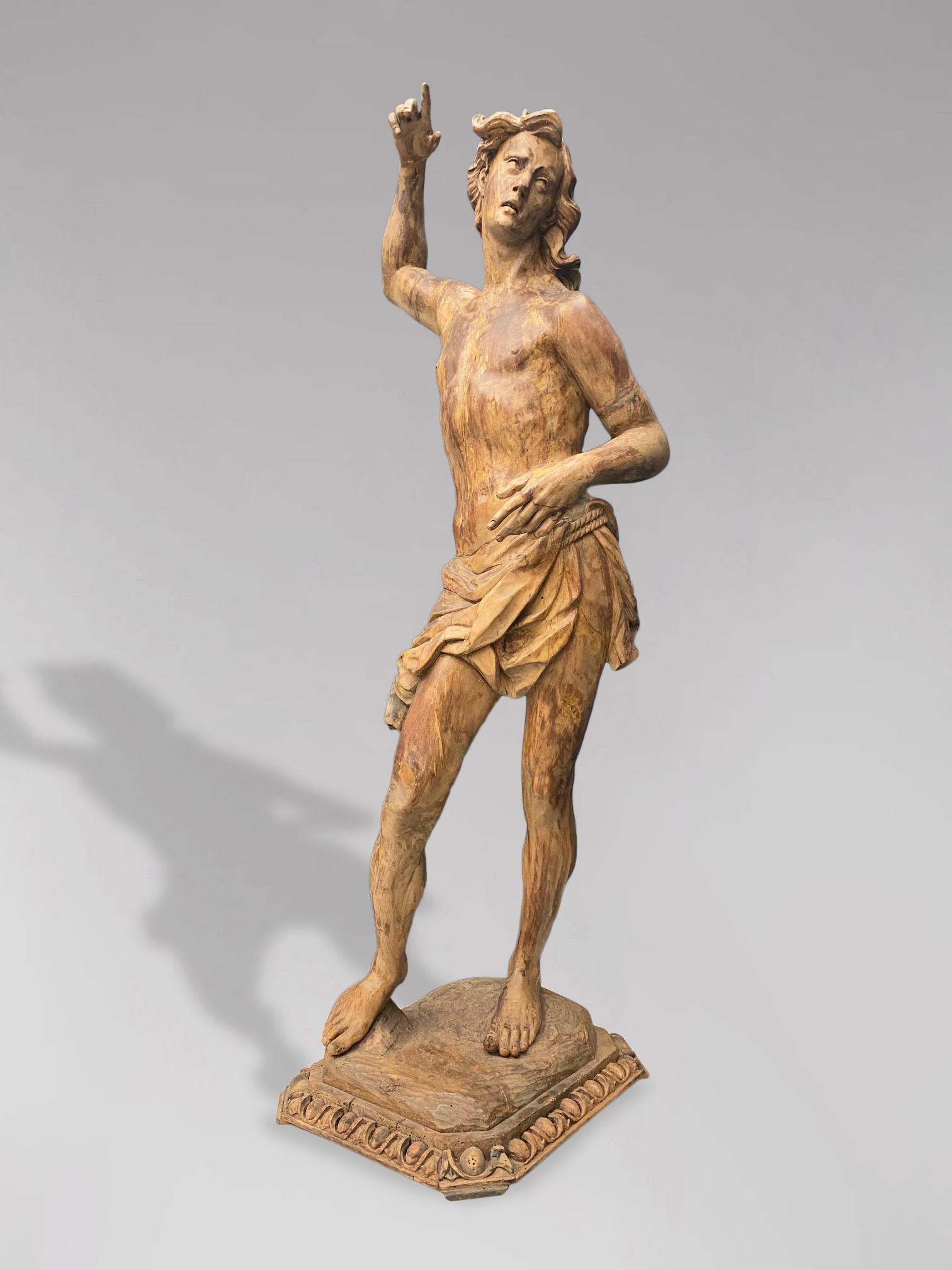 18th Century and Earlier 18th Century Tall Wooden Sculpture of St. John the Baptist For Sale
