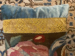 18th Century Verdure Tapestry Fragment and Blue Silk Velvet Pillow