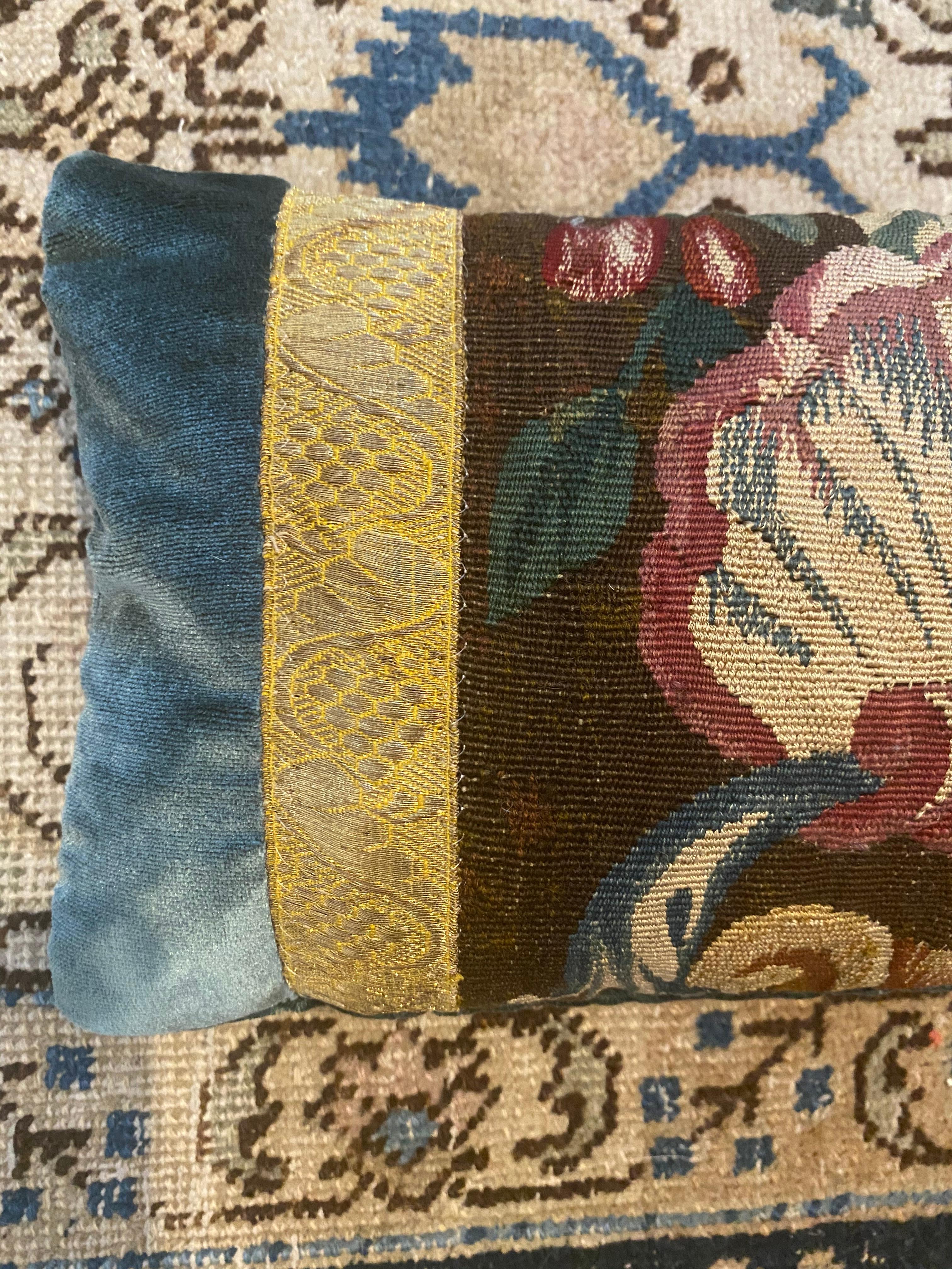European 18th Century Verdure Tapestry Fragment and Blue Silk Velvet Pillow For Sale