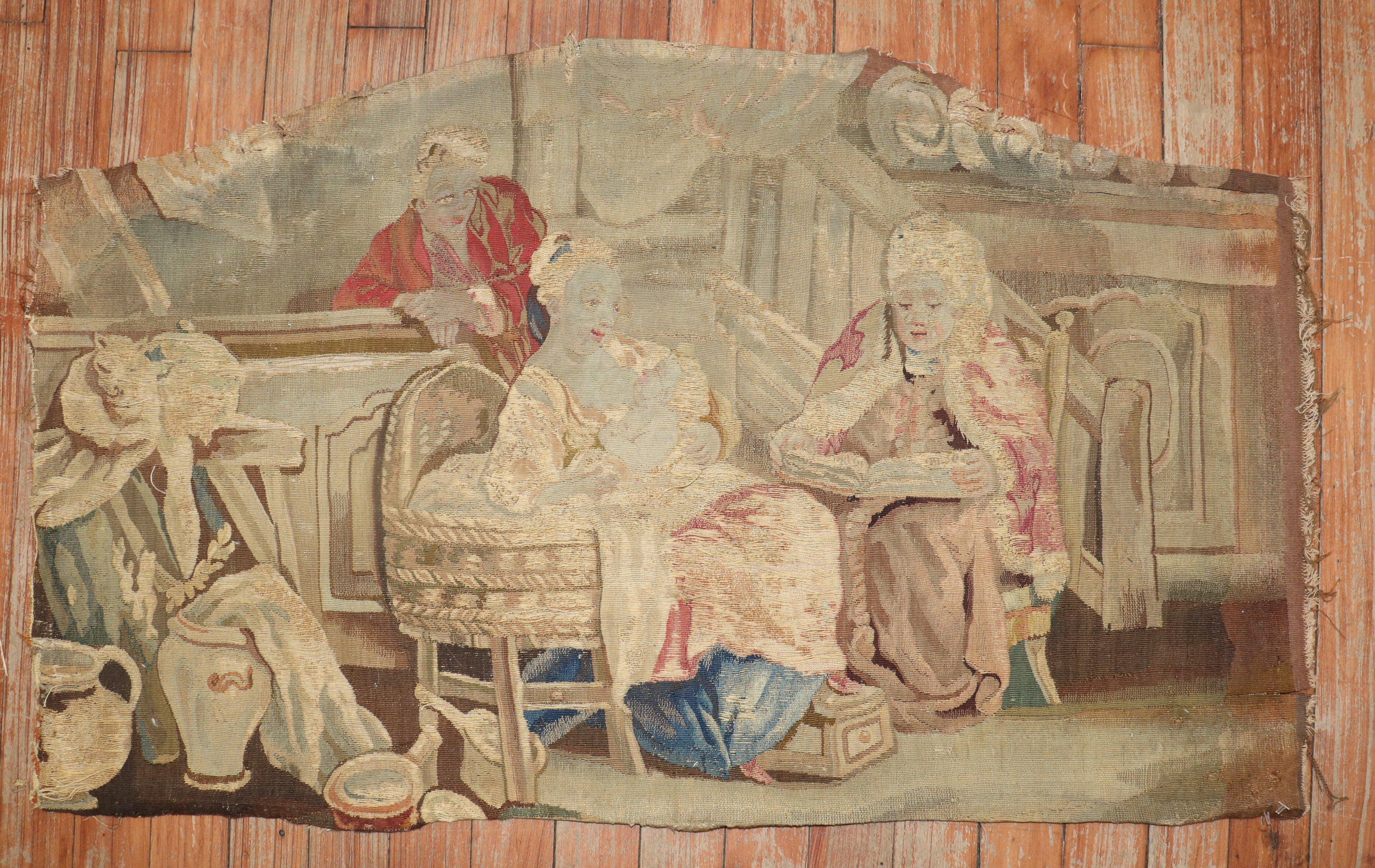 Mitte des 18. Jahrhunderts europäisches Wandteppichfragment. 

Maße: 1'9'' breit x 2'10'' lang.

Wandteppiche sind ein wesentlicher Bestandteil des flämischen Kulturerbes. Die meisten Wandteppiche zeigen religiöse, mythologische und historische