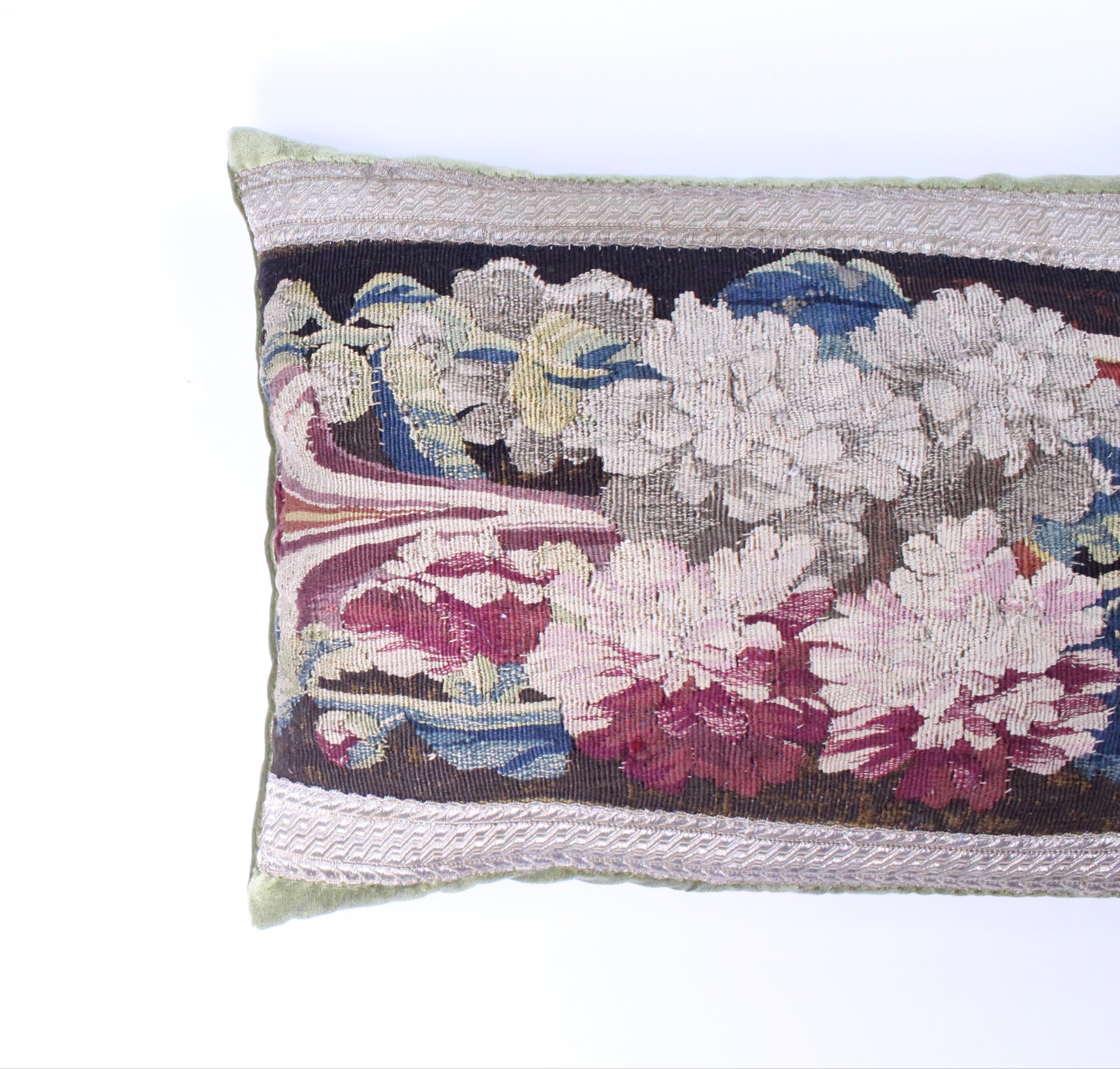 Gorgeous Schumacher silk velvet pillow with beautiful French tapestry piece framed with French gallon. Down filled.