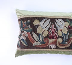 18th Century Tapestry Silk Pillow with Green Velvet