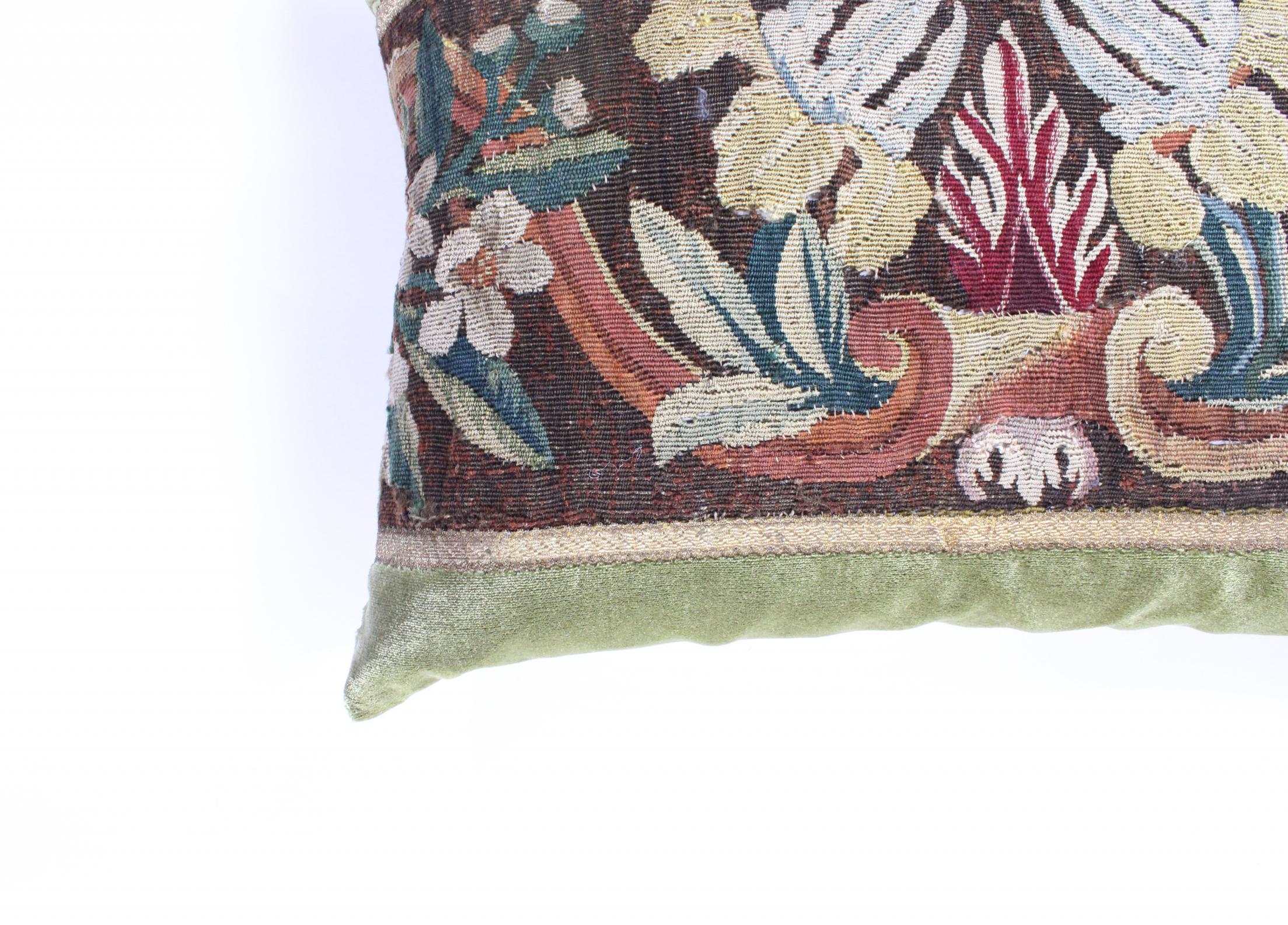 French 18th Century Tapestry Silk Pillow with Green Velvet For Sale