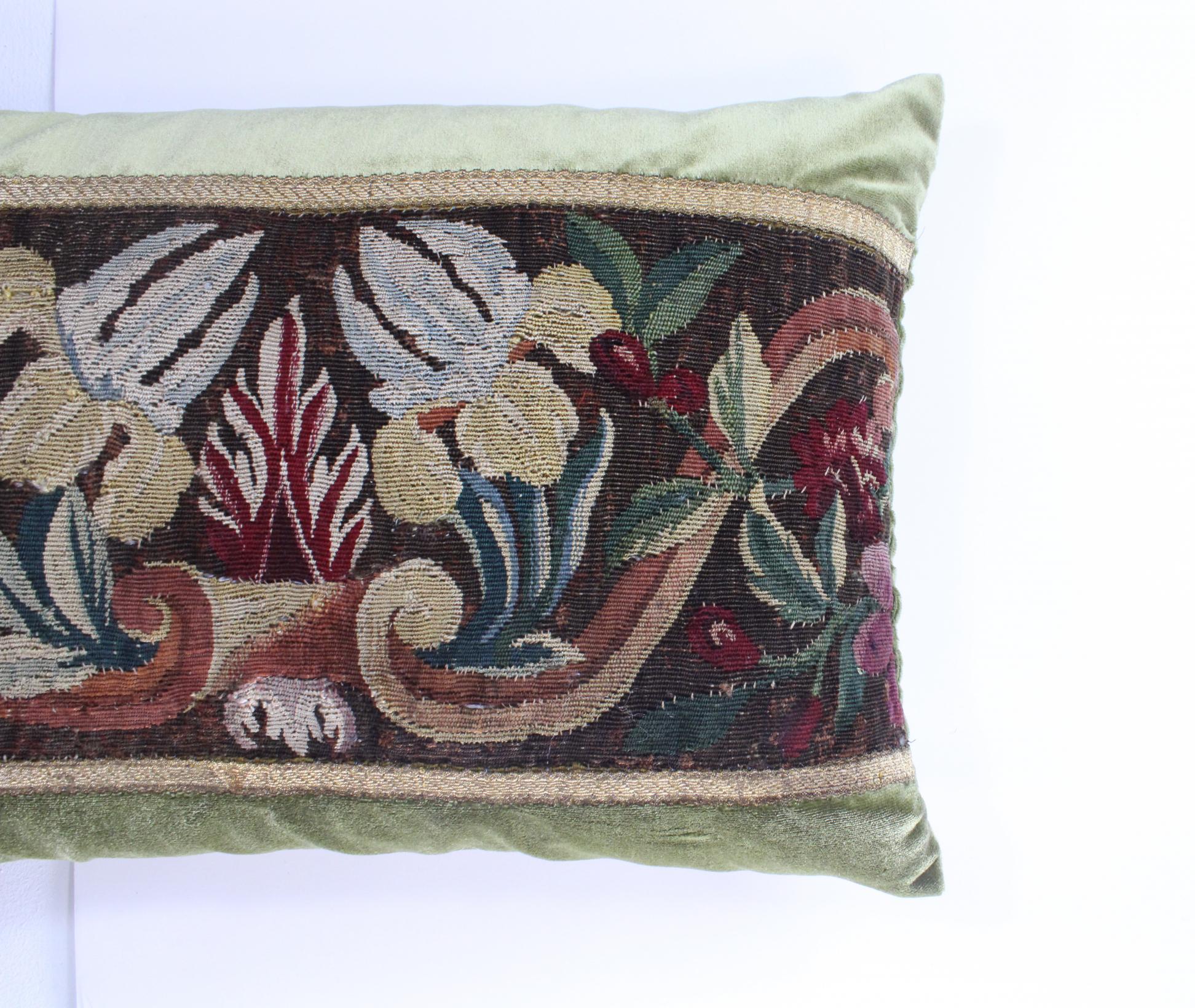 18th Century Tapestry Silk Pillow with Green Velvet In Good Condition For Sale In Houston, TX