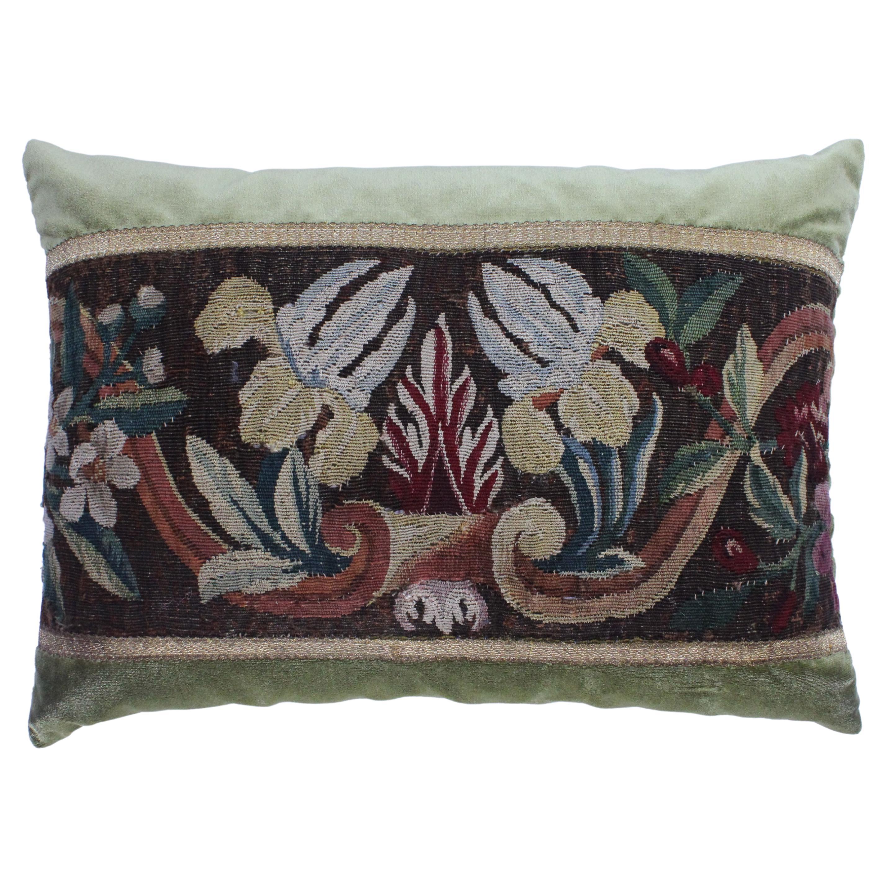 18th Century Tapestry Silk Pillow with Green Velvet For Sale