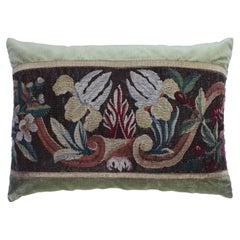 Antique 18th Century Tapestry Silk Pillow with Green Velvet