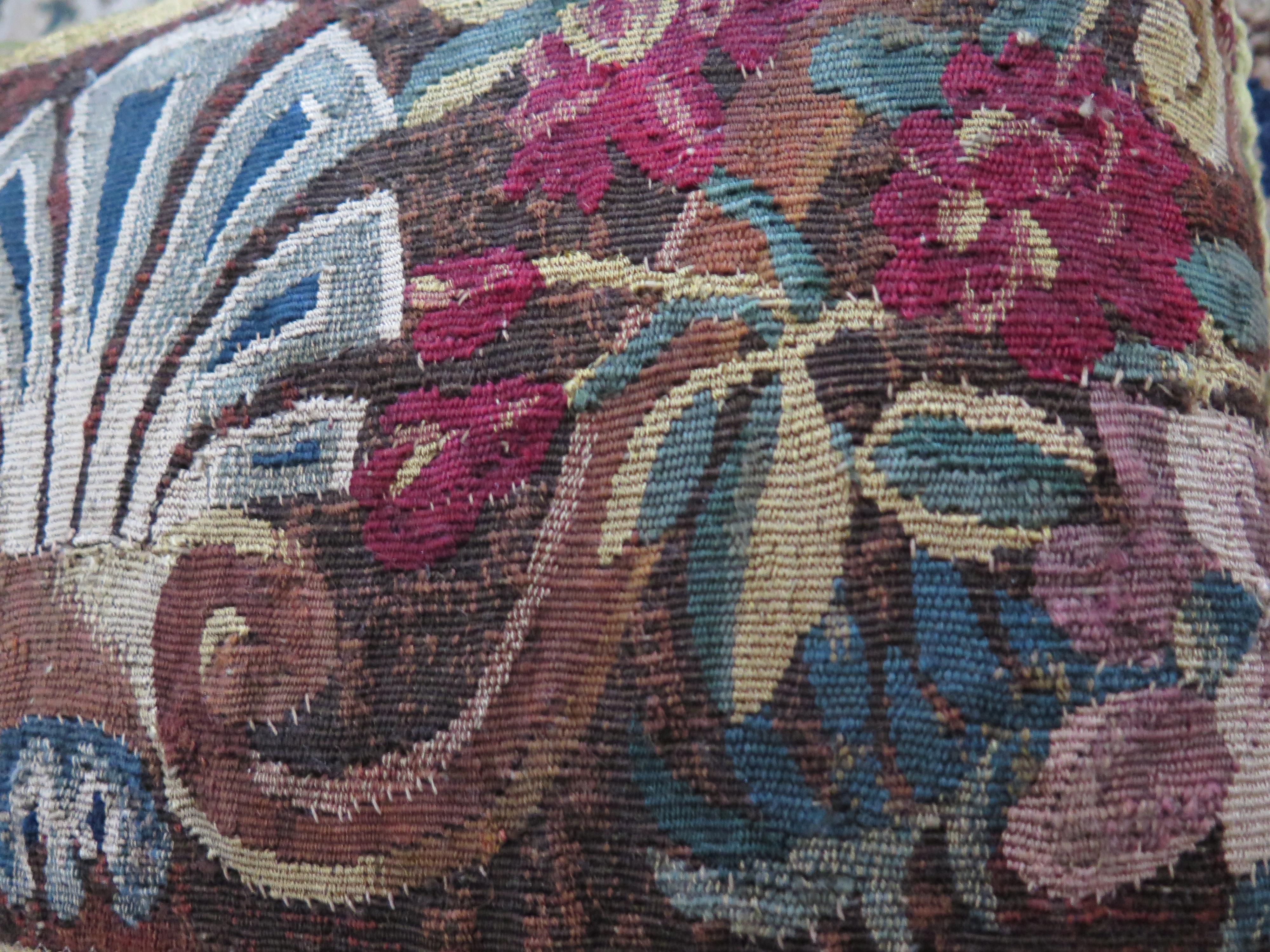 French 18th Century Tapestry Fragment Silk Velvet Pillow For Sale