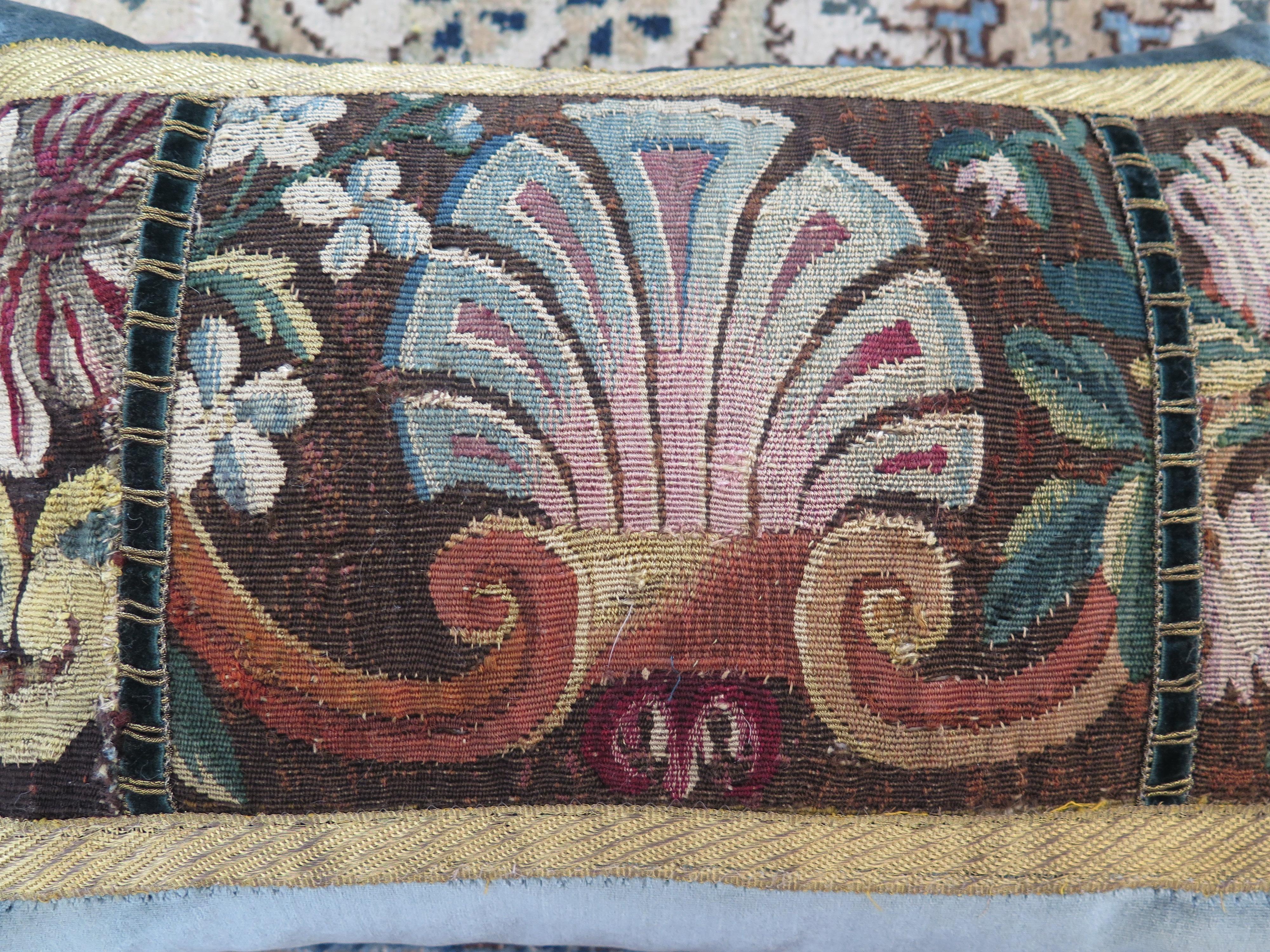 French 18th Century Tapestry Fragment Silk Velvet Pillow For Sale