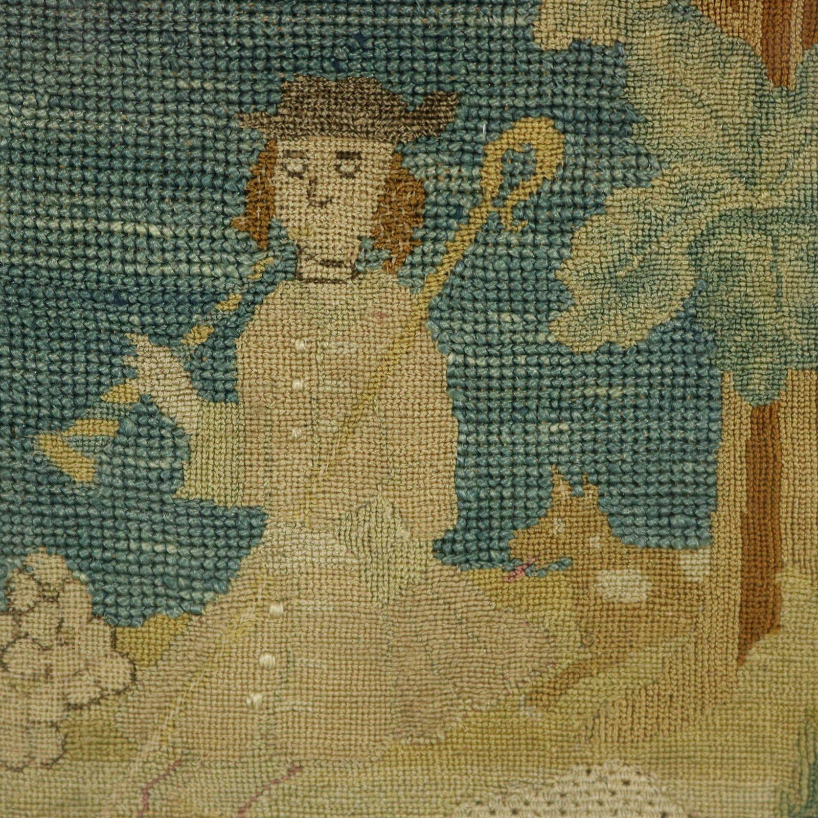 18th Century Tent Stitch Embroidered Picture of a Shepherd For Sale 3