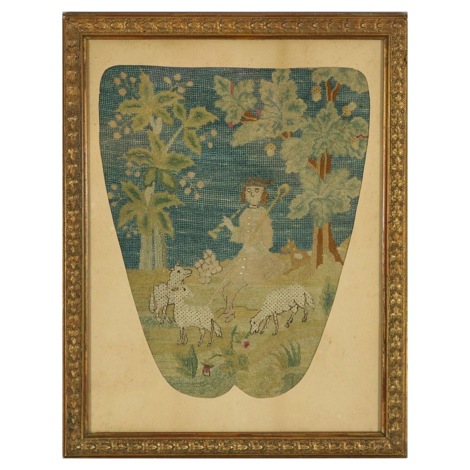 18th Century Tent Stitch Embroidered Picture of a Shepherd For Sale
