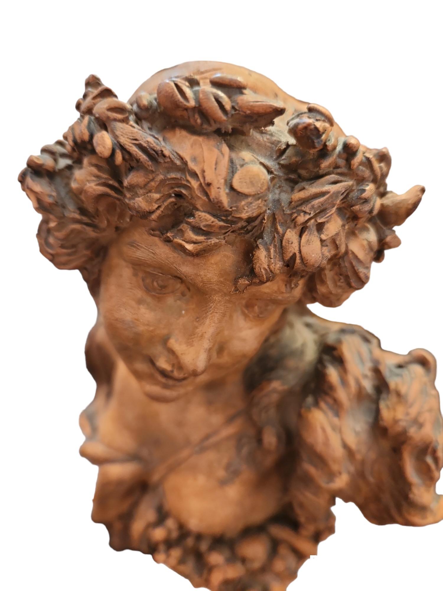 Hand-Carved 18th Century Terracotta Bust of Girl For Sale