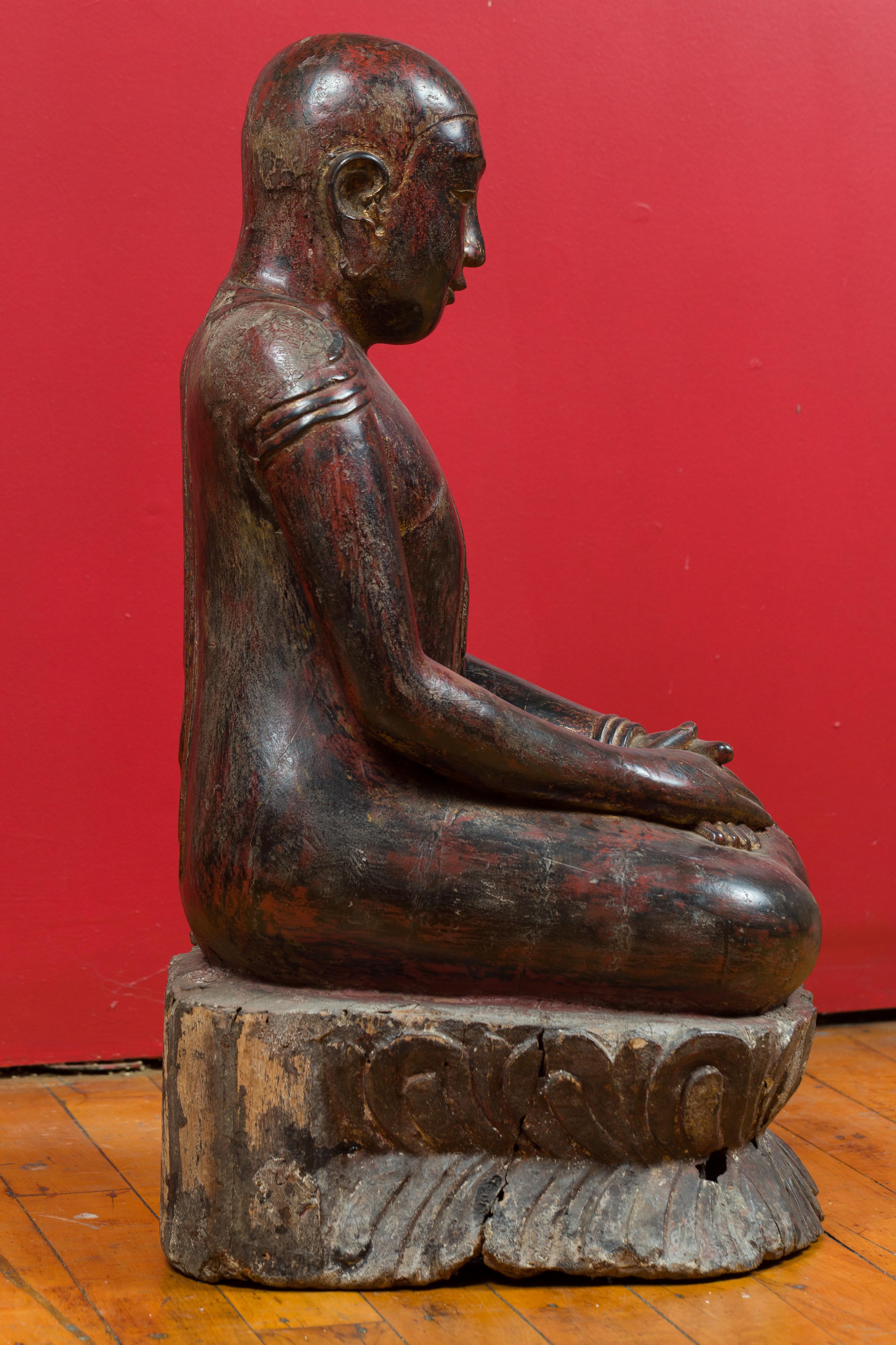 18th Century Thai Hand Carved Lacquered Wood Sculpture of a Seated Monk 3
