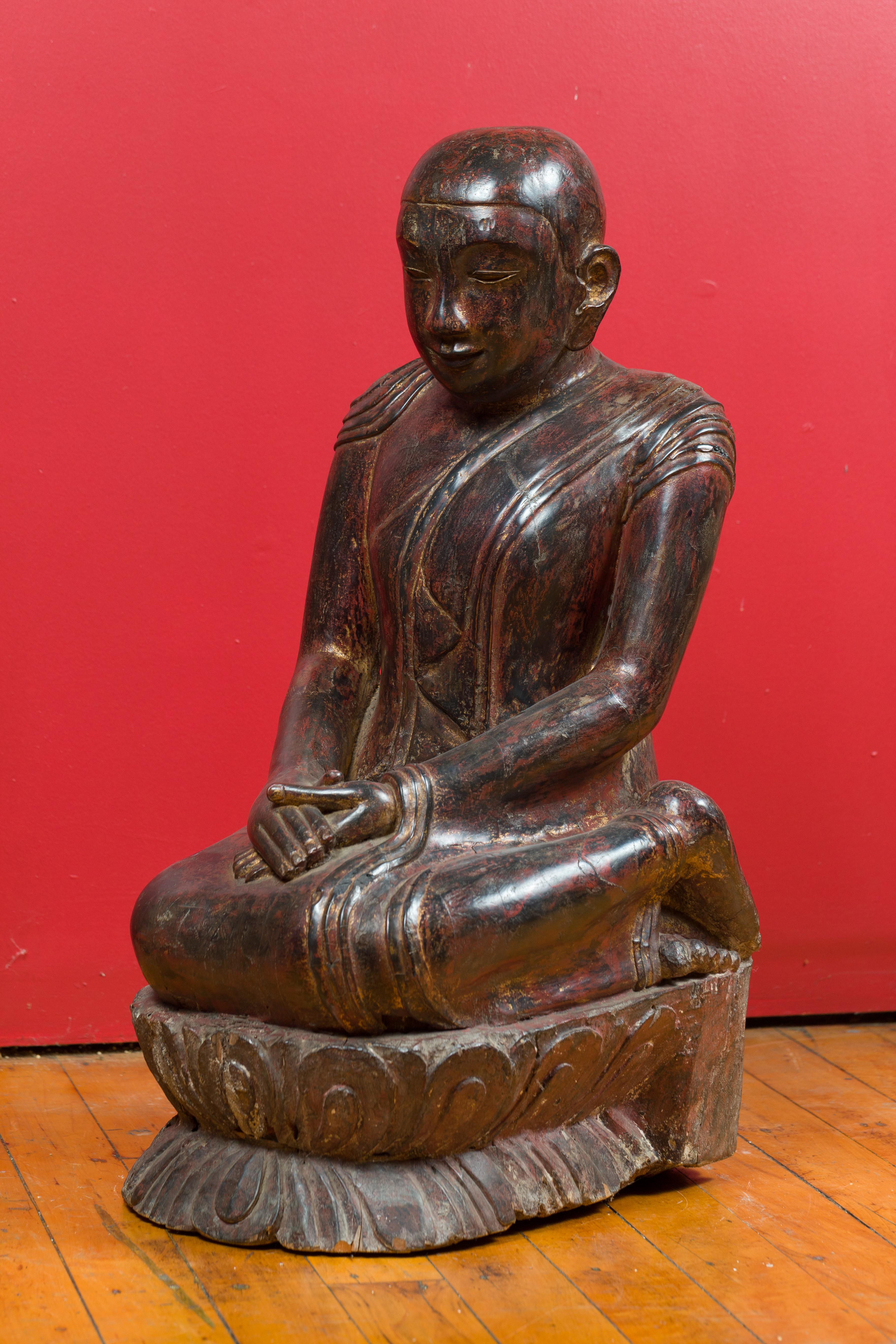 18th Century Thai Hand Carved Lacquered Wood Sculpture of a Seated Monk For Sale 6