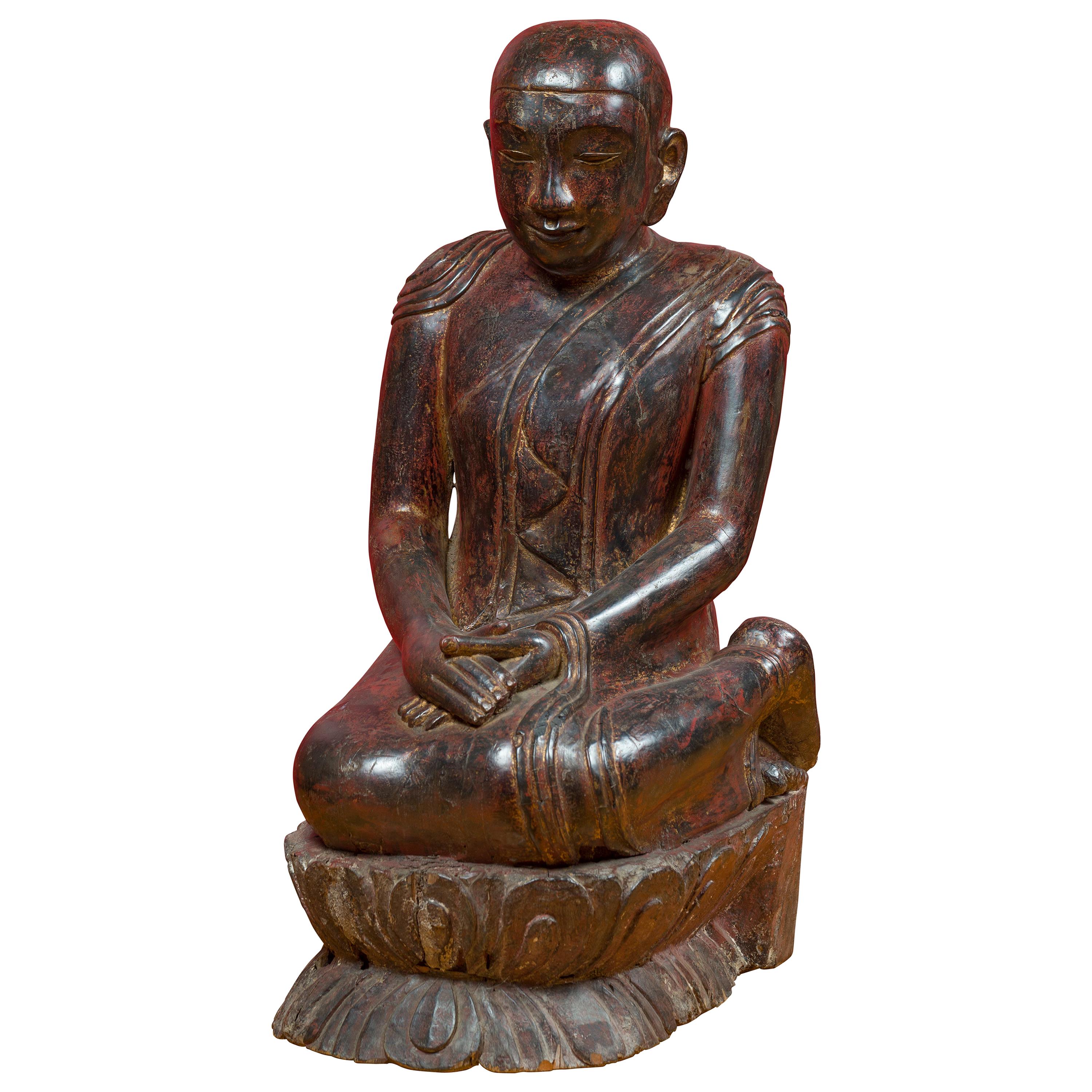 Thai Indian Praying Namaskara Buddha Statue 30cm Wooden Hand Carved Figure
