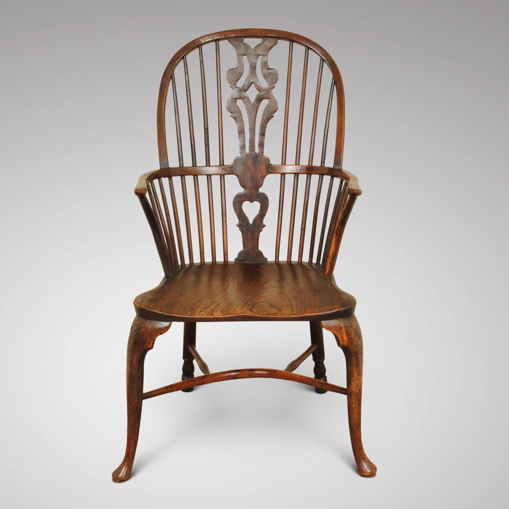 A great example of an 18th century Thames valley yew wood and elm cabriole leg windsor armchair, with a pierced back splat
Good colour and patina.