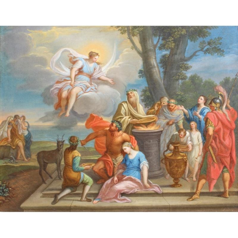 Roman school, 18th century 

The Sacrifice of Iphigenia

Oil on canvas, Measures: 50 x 64.5 cm

The canvas depicts The Sacrifice of Iphigenia, a theme reported by numerous sources, including the Greek tragedies Iphigenia in Aulis by Euripides