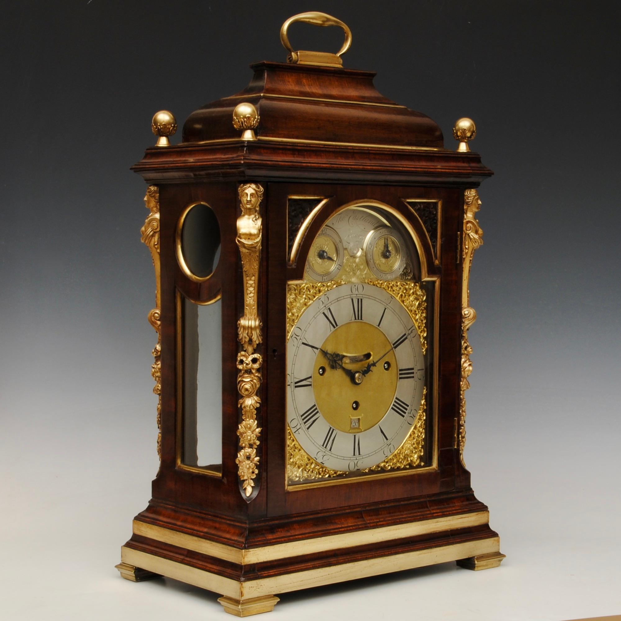 An 18th century mahogany bell top bracket clock with ormolu caryatids to the corners of the fine quality case. The eight day three train movement striking on eight bells now with anchor escapement. The full silvered dial signed in the arch Thomas