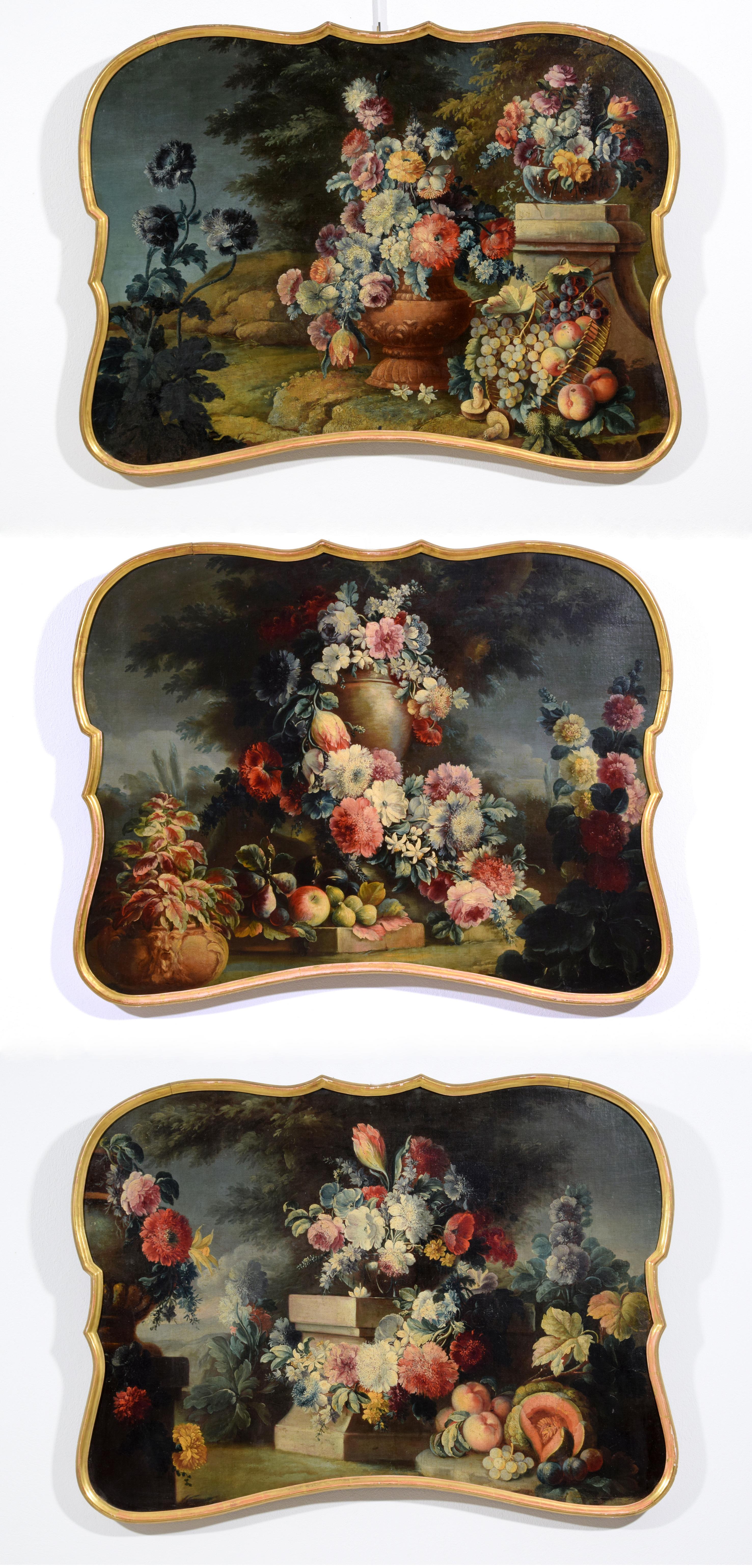 XVIIIe siècle, Trois peintures italiennes représentant des natures mortes par Michele Antonio Rapous (Turin, 1733 - 1819)
Huile sur toile. Dimensions : cm H 78,5 x L 104,5
Disponible individuellement ou par paire
Les trois tableaux, réalisés à