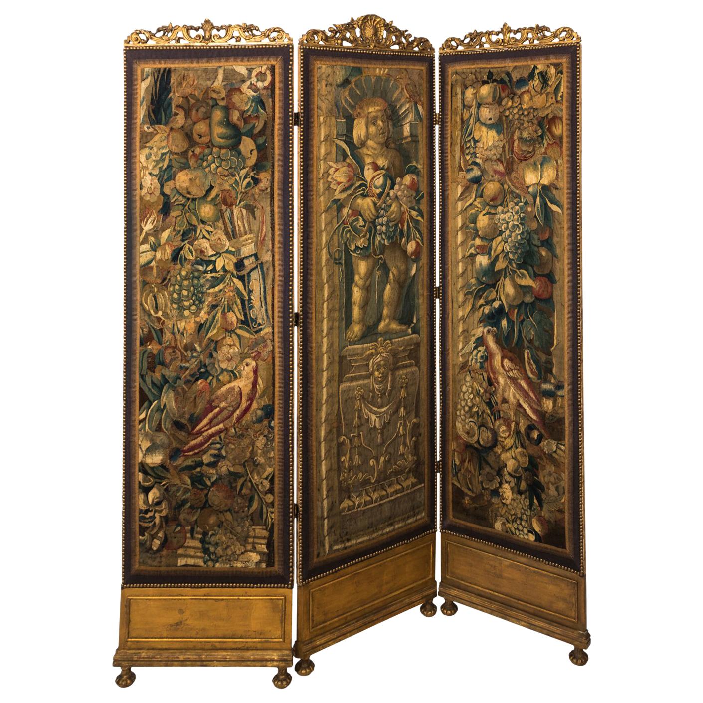 18th Century Three Panel Flemish Tapestry Screen