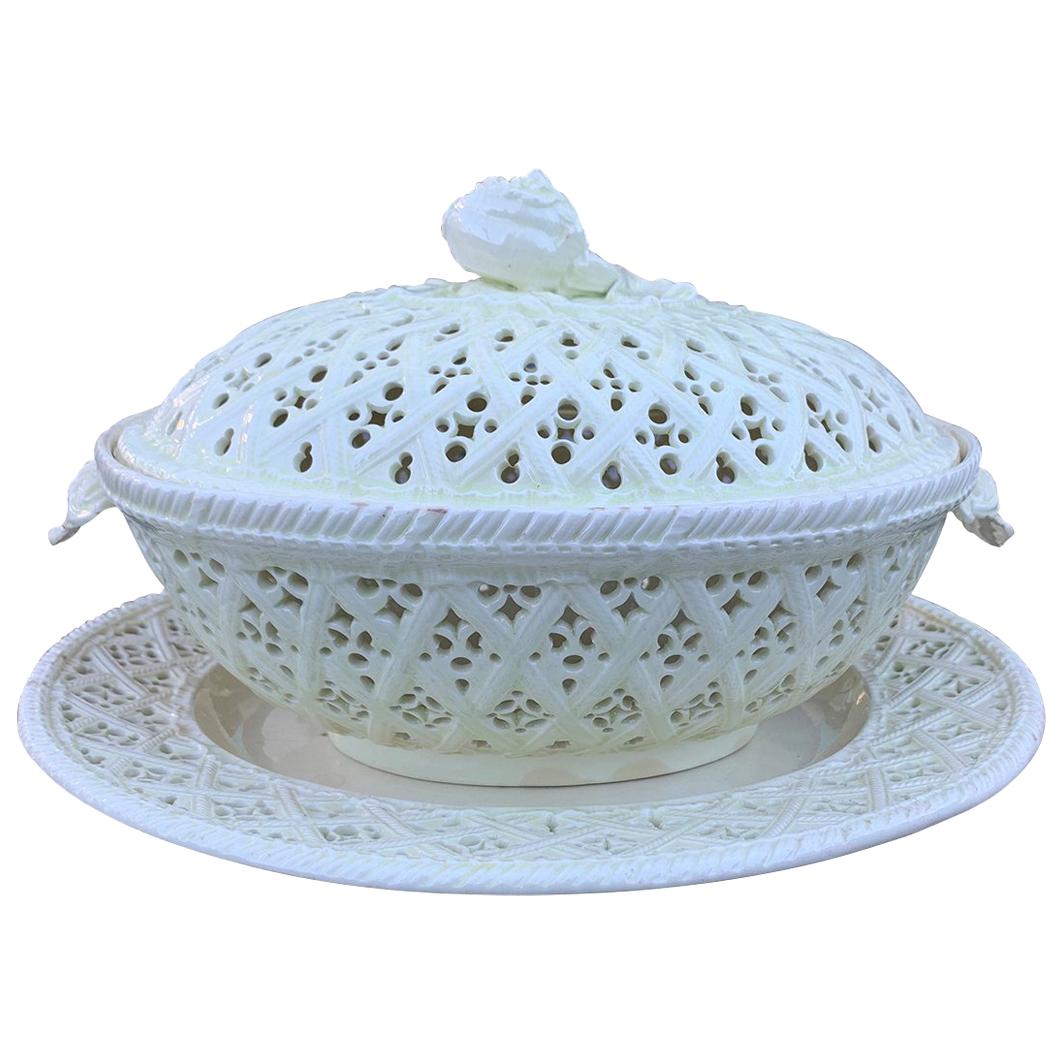 18th Century Three-Piece Creamware Basket with Underplate & Lid For Sale