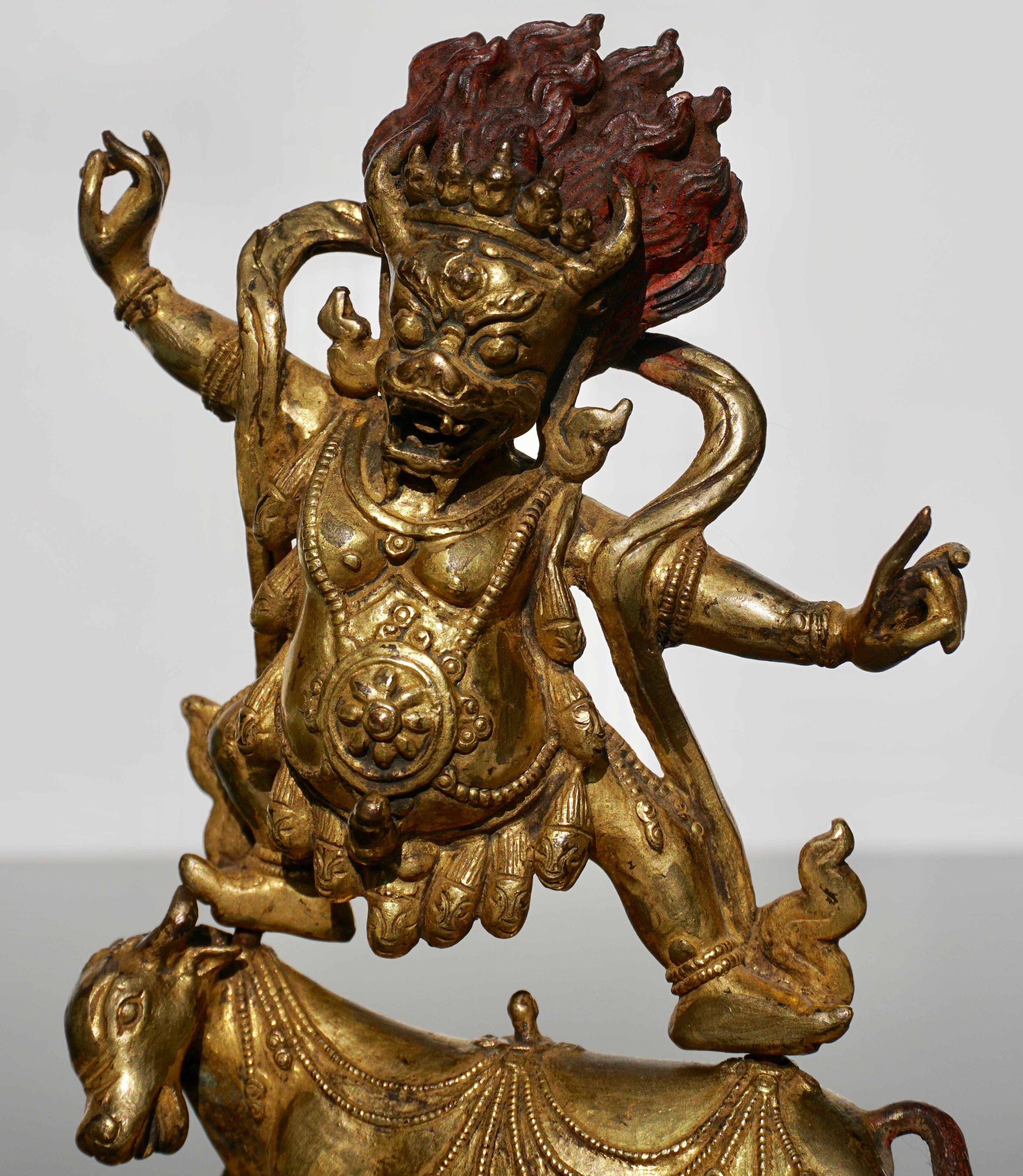 18th Century Tibetan Gilt Bronze of Yama Dharmaraja Buddha In Excellent Condition In Dallas, TX
