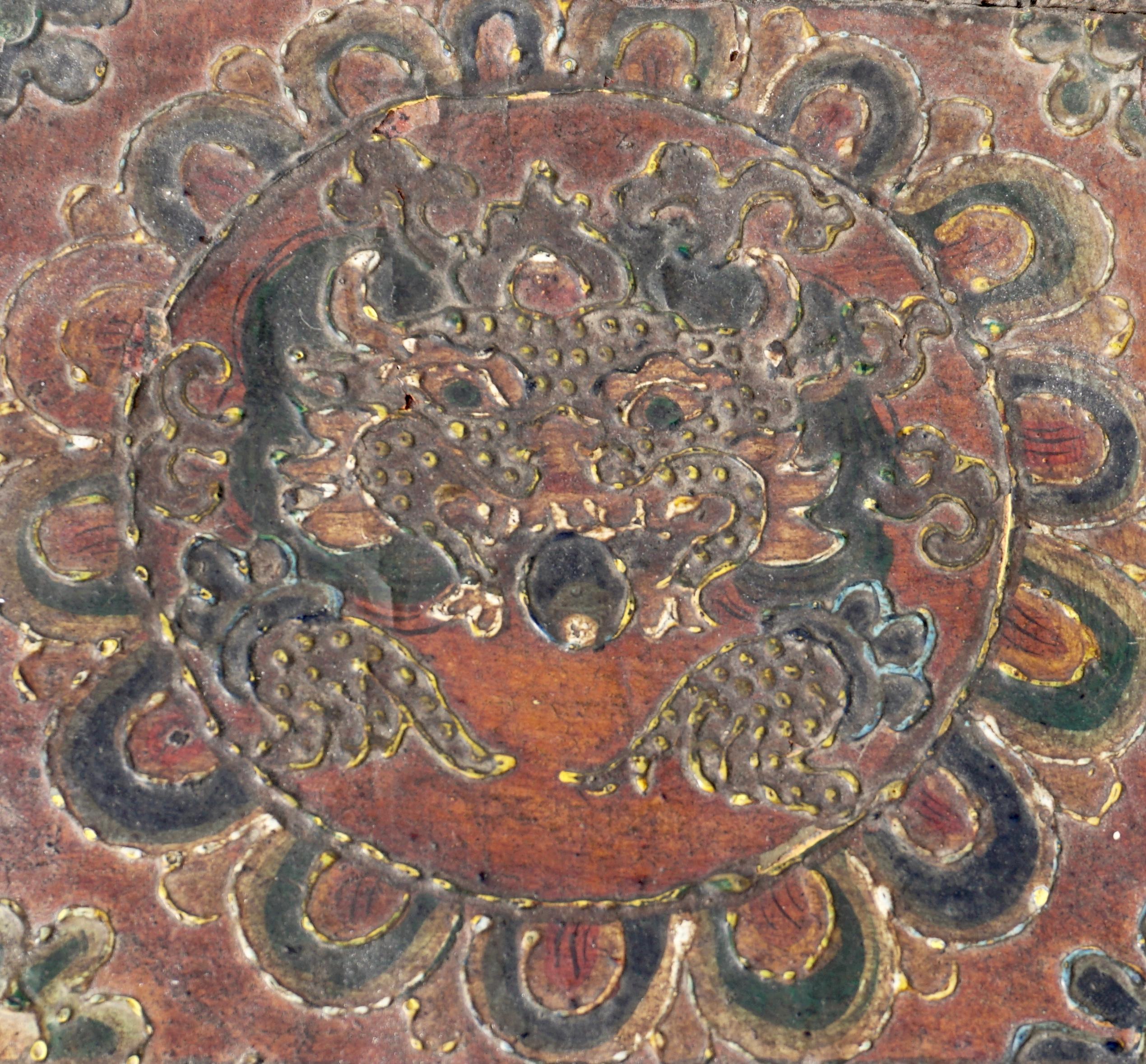 Hand-Painted 18th Century Tibetan Lotus Buddha Polychrome Wood and Iron Box